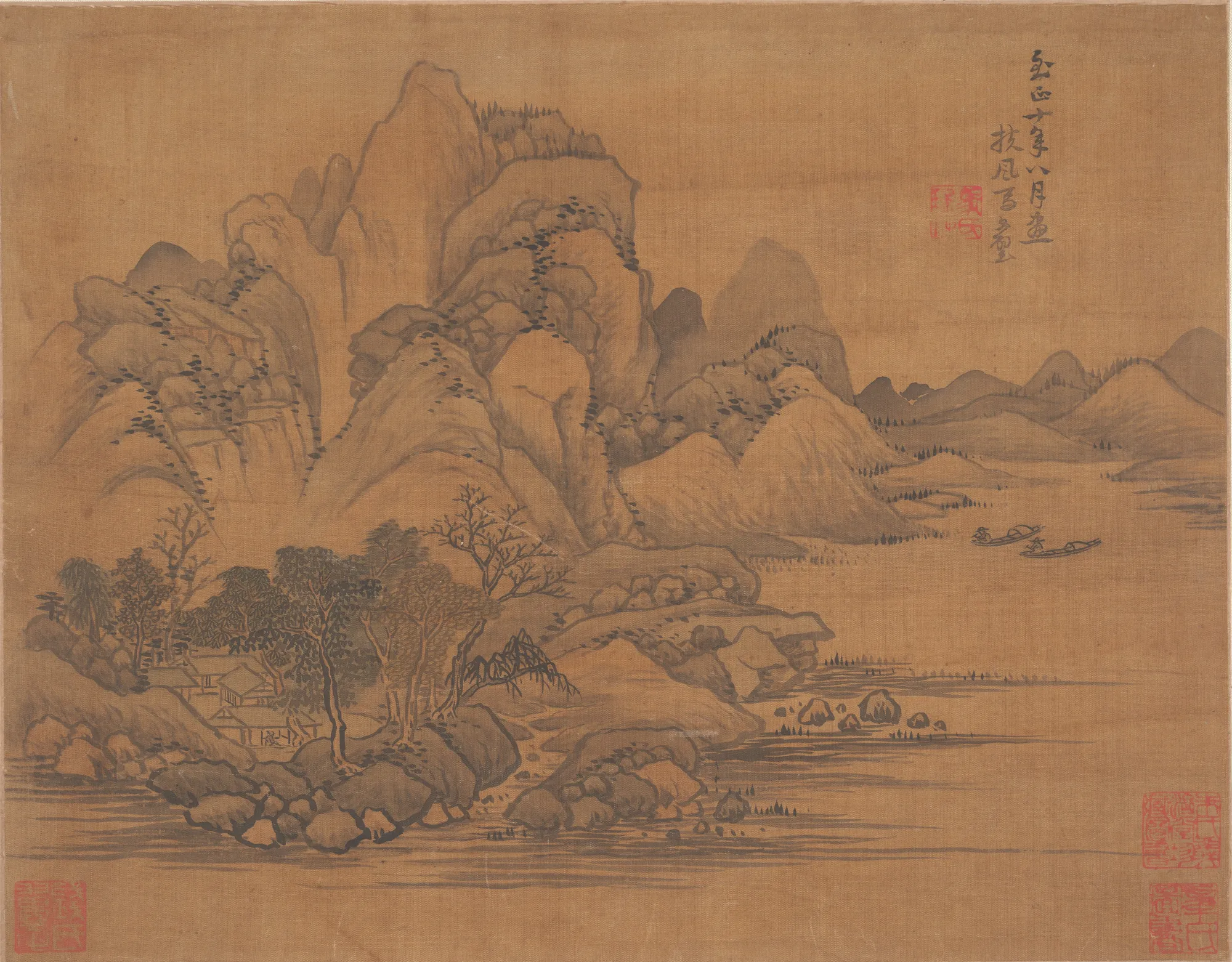 Landscape Landscape by Unknown Artist. A traditional East Asian landscape featuring towering mountains, a cluster of trees and dwellings by a waterfront, and small boats on a lake.