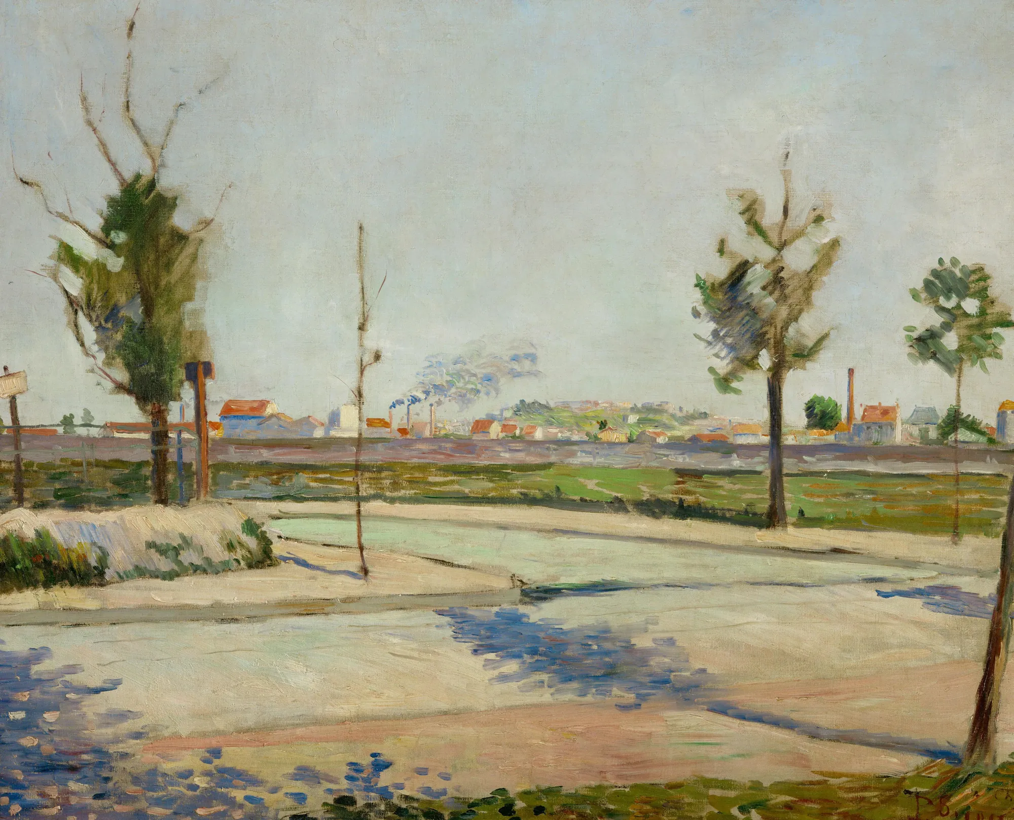 Road to Gennevilliers Road to Gennevilliers by Paul Signac. An Impressionist landscape showing a wide road in the foreground leading towards a distant town with smoking industrial chimneys under a pale sky.