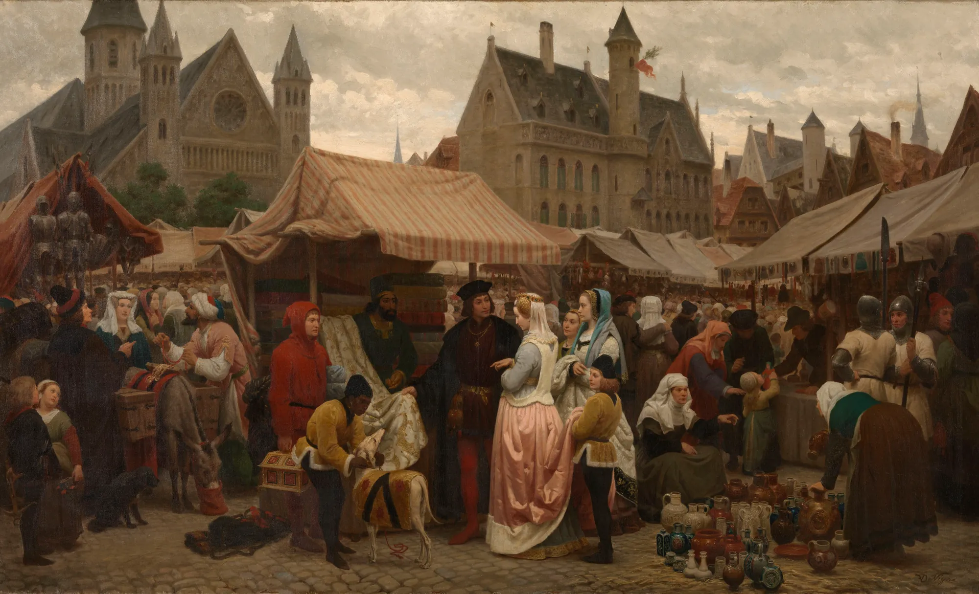 Fair in Ghent in the Middle Ages Fair in Ghent in the Middle Ages by Félix de Vigne. A bustling 19th-century historical painting depicting a crowded marketplace in medieval Ghent, set against a backdrop of Gothic architecture and a cloudy sky.