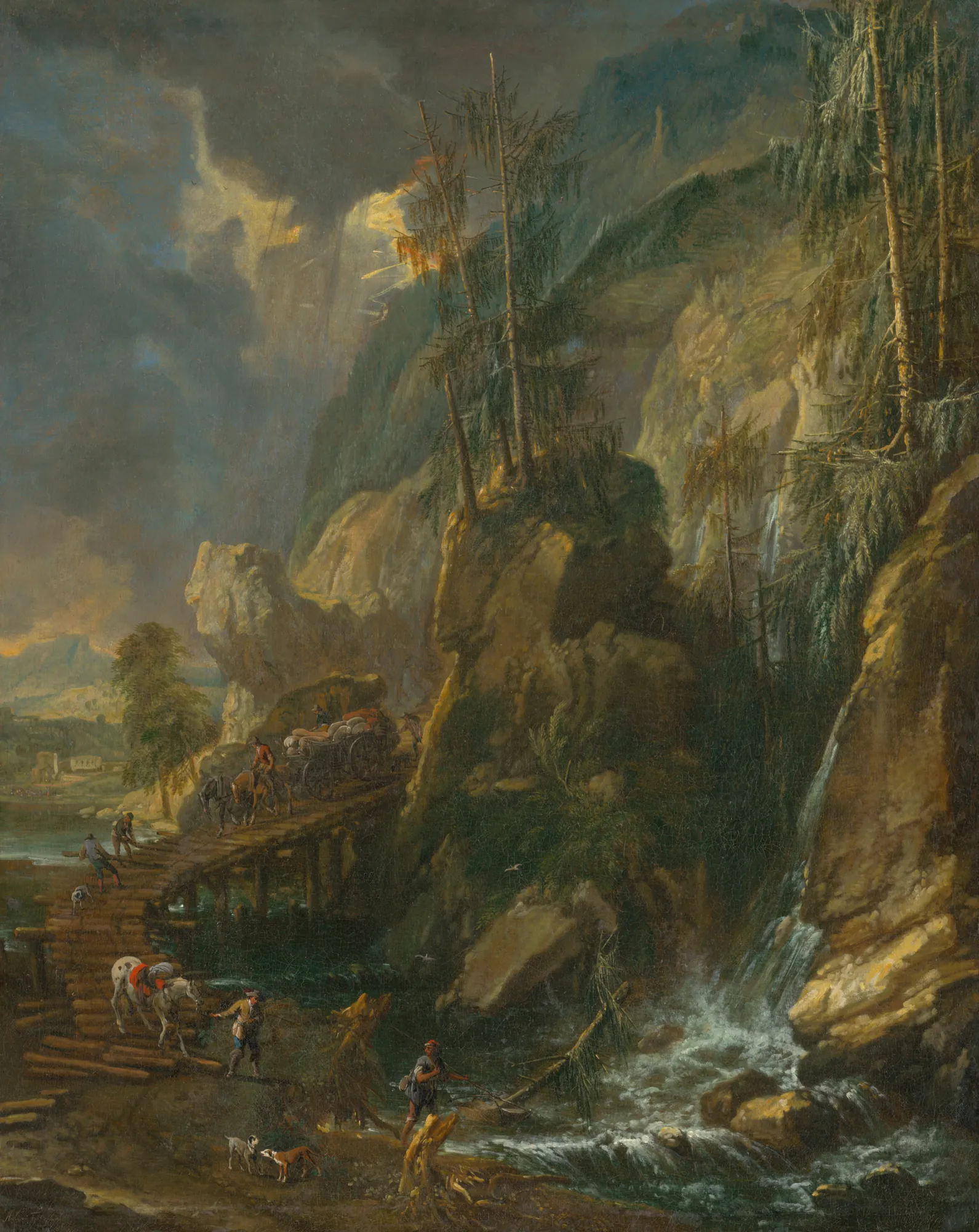 Before the Storm Before the Storm by Anton Faistenberger. A dramatic mountain landscape featuring a waterfall, a wooden bridge with a wagon, and a dark, turbulent sky.