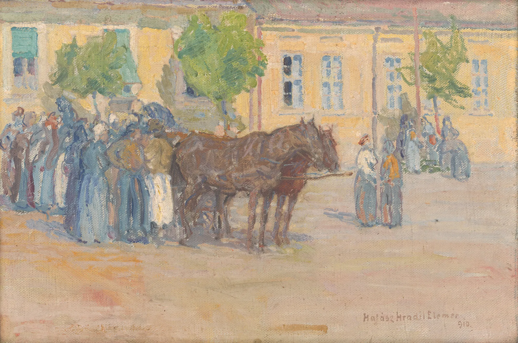 Na trhu (At the Market) Na trhu (At the Market) by Elemír Halász-Hradil. An impressionistic oil painting depicting a busy market square with figures gathered near a pair of brown horses in front of a yellow building.