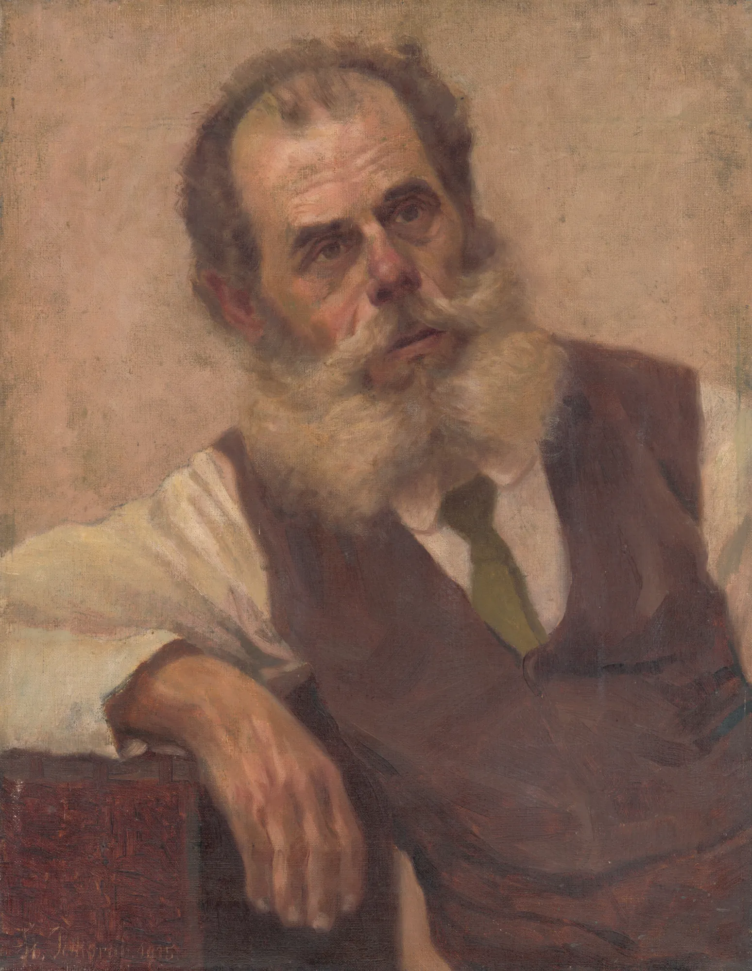 Man with a Beard Man with a Beard by Štefan Polkoráb. An oil portrait of an older man with a voluminous white beard and a contemplative gaze, wearing a dark vest and tie.