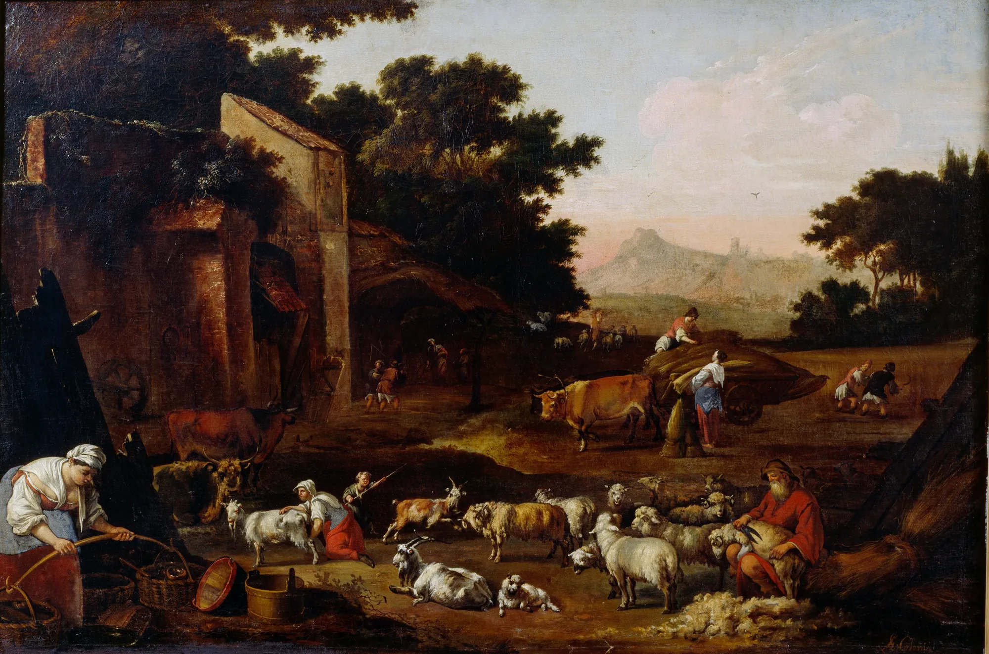 Sheep Shearing Sheep Shearing by Adam Colonia. A rural scene depicting figures shearing sheep and tending to livestock beside a rustic stone building at dusk.
