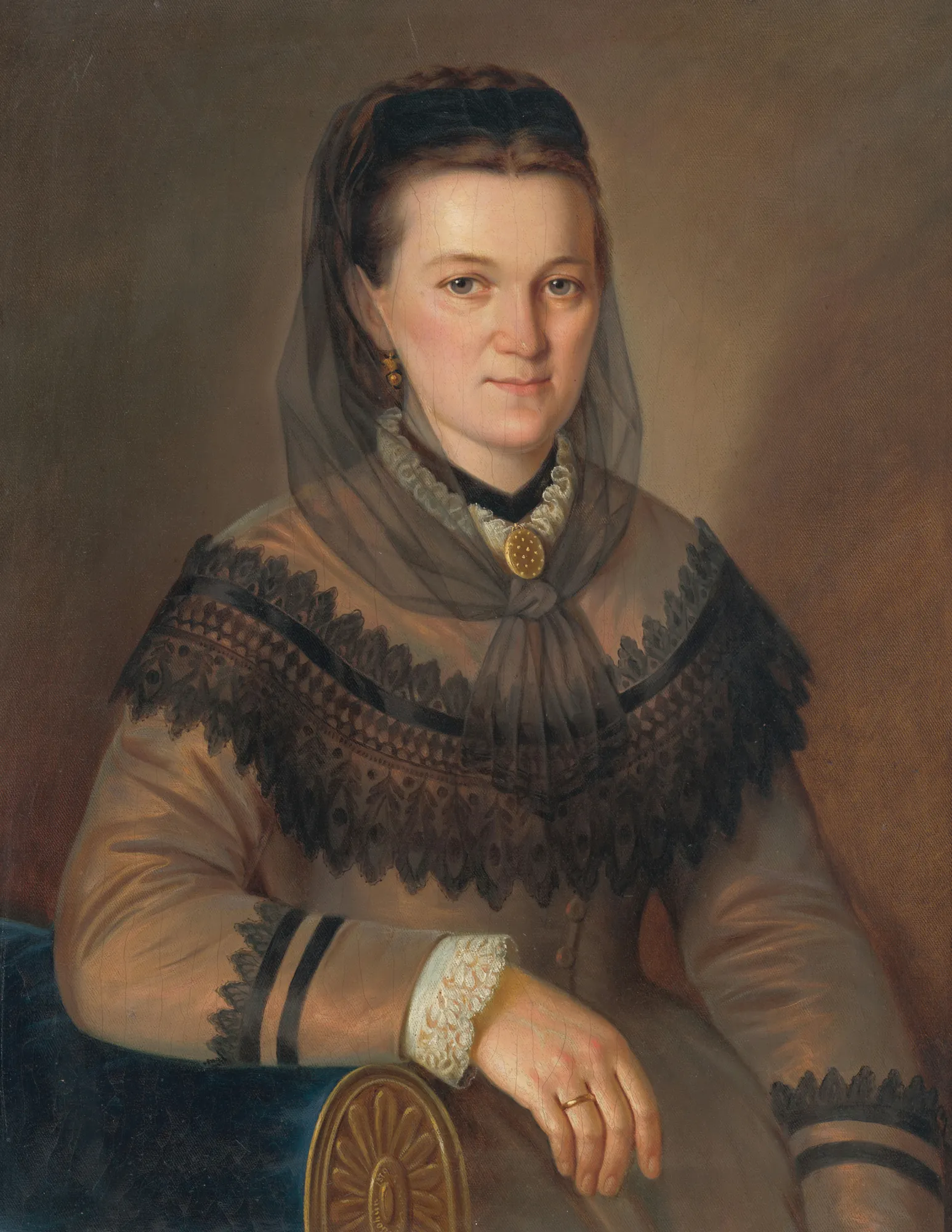 Portrait of Anna Philadelphi (née Šípková) Portrait of Anna Philadelphi (née Šípková) by Peter Michal Bohúň. A half-length oil portrait of a woman in a brown dress with black lace trim and a sheer black veil.