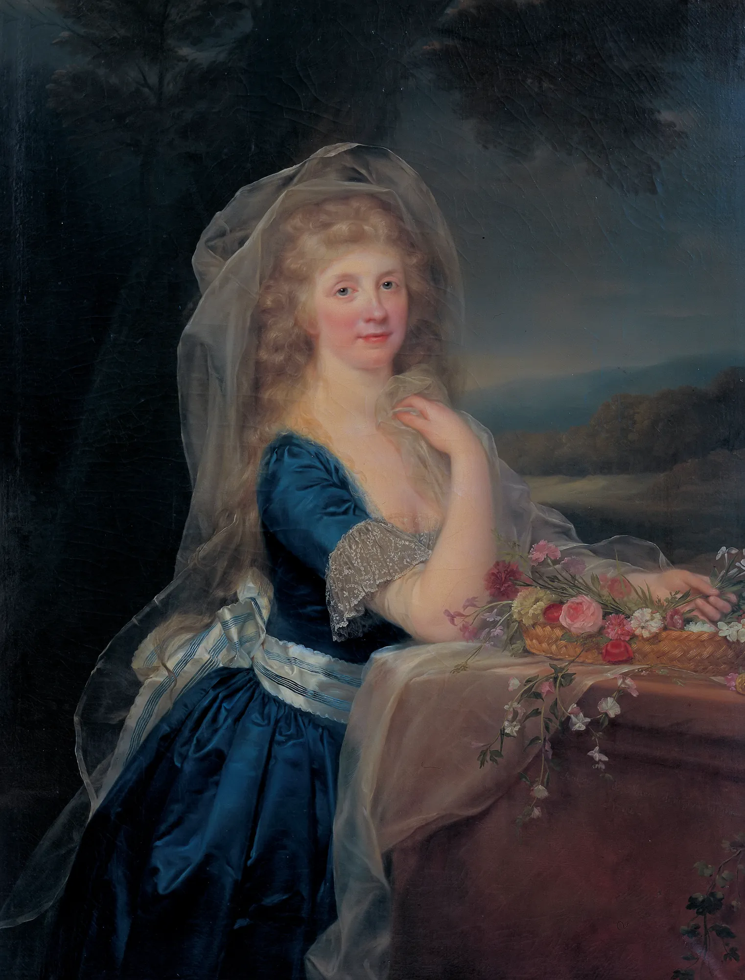 Anna Pieri Brignole-Sale Anna Pieri Brignole-Sale by Anton von Maron. A portrait of a woman in a blue gown and sheer veil, standing beside a basket of flowers against a dark landscape.