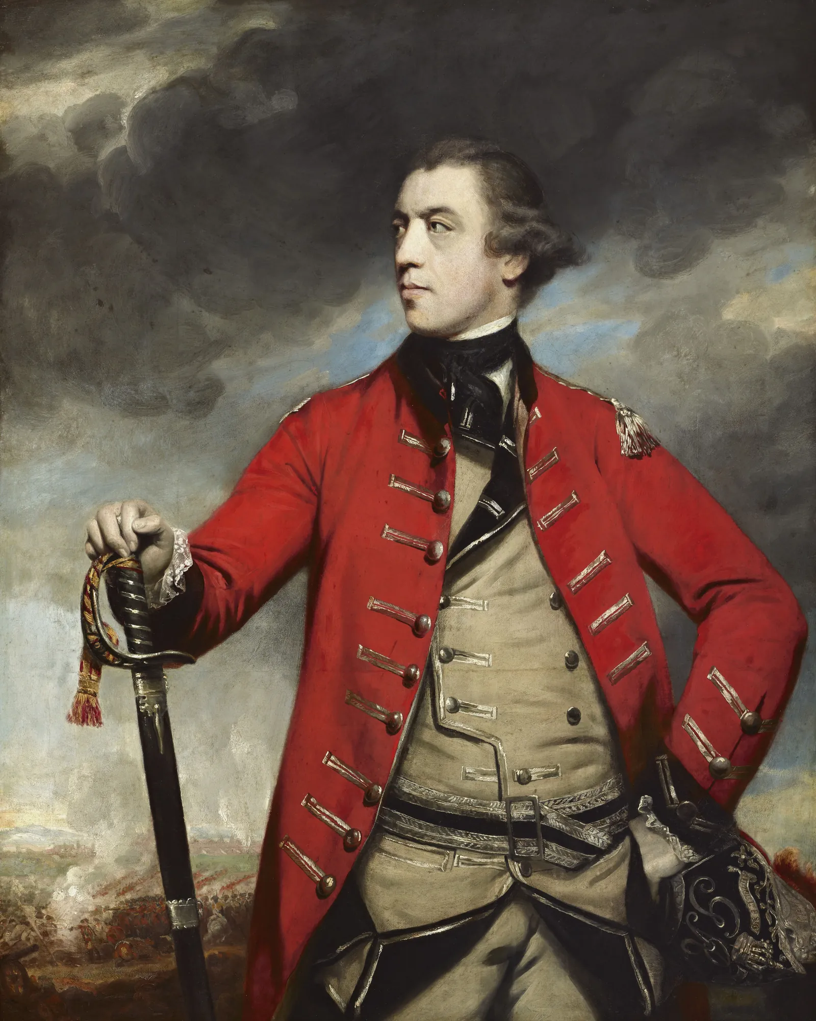 General John Burgoyne General John Burgoyne by Joshua Reynolds. A half-length portrait of a man in a red military uniform with a sword, set against a dark, stormy sky.