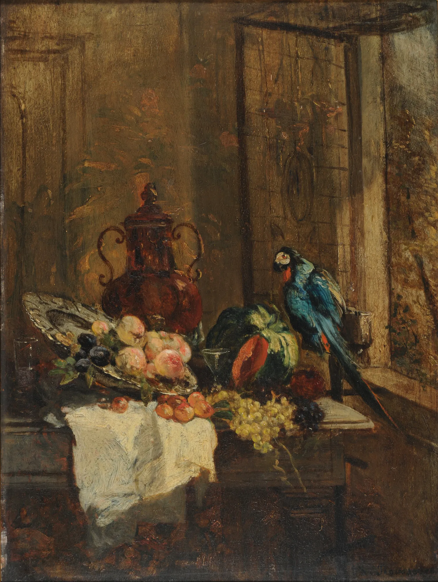 Still Life and Parrot near an Open Window