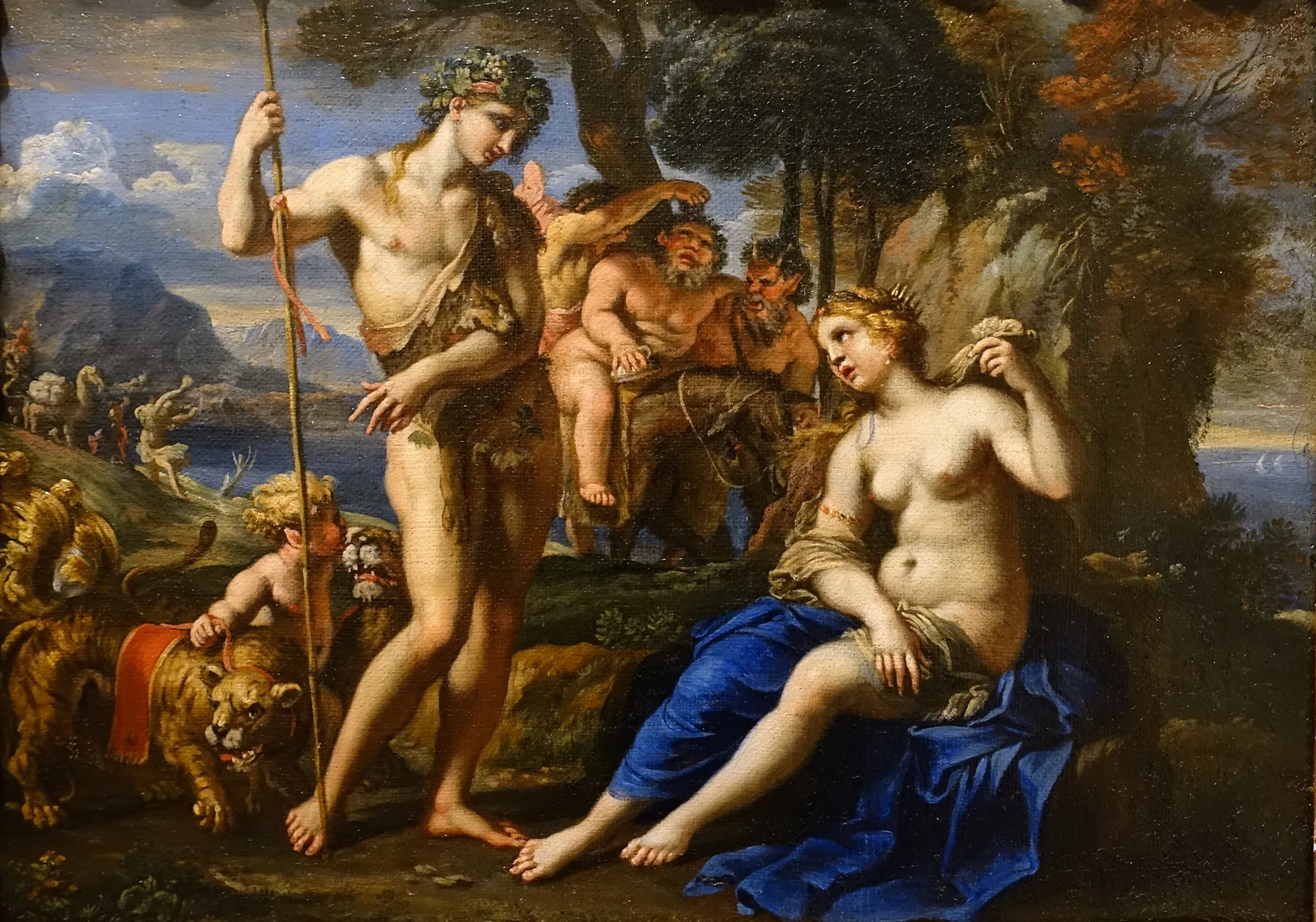 Bacchus and Ariadne Bacchus and Ariadne by François Perrier. Bacchus stands with a thyrsus and a leopard while Ariadne sits draped in a striking blue cloth in a wooded coastal landscape.