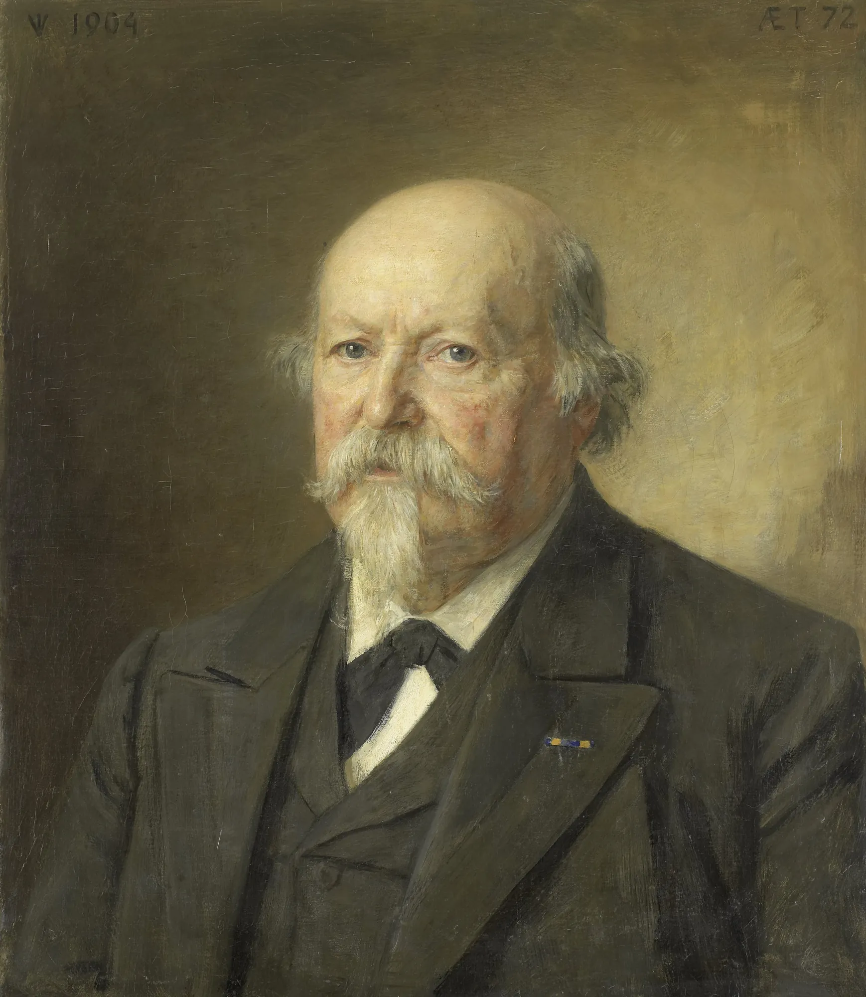 Portrait of Johan Philip van der Kellen Portrait of Johan Philip van der Kellen by Jan Veth. A waist-up portrait of an elderly man with a white beard and mustache wearing a dark suit and bow tie against a muted brown background.