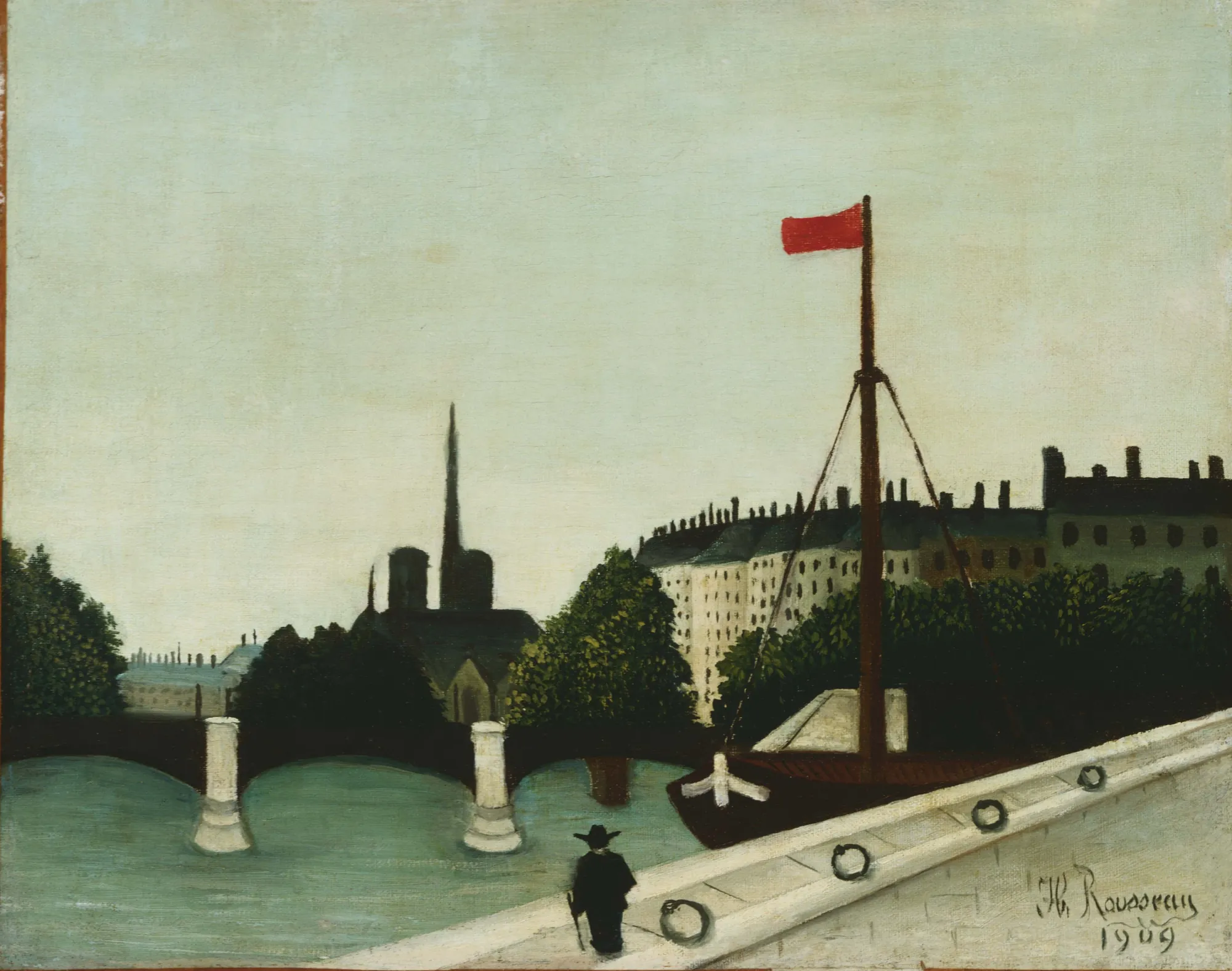 Notre Dame Notre Dame by Henri Rousseau. A naive-style landscape painting of the Seine in Paris, featuring the Notre Dame cathedral in the background and a boat with a red flag in the foreground.