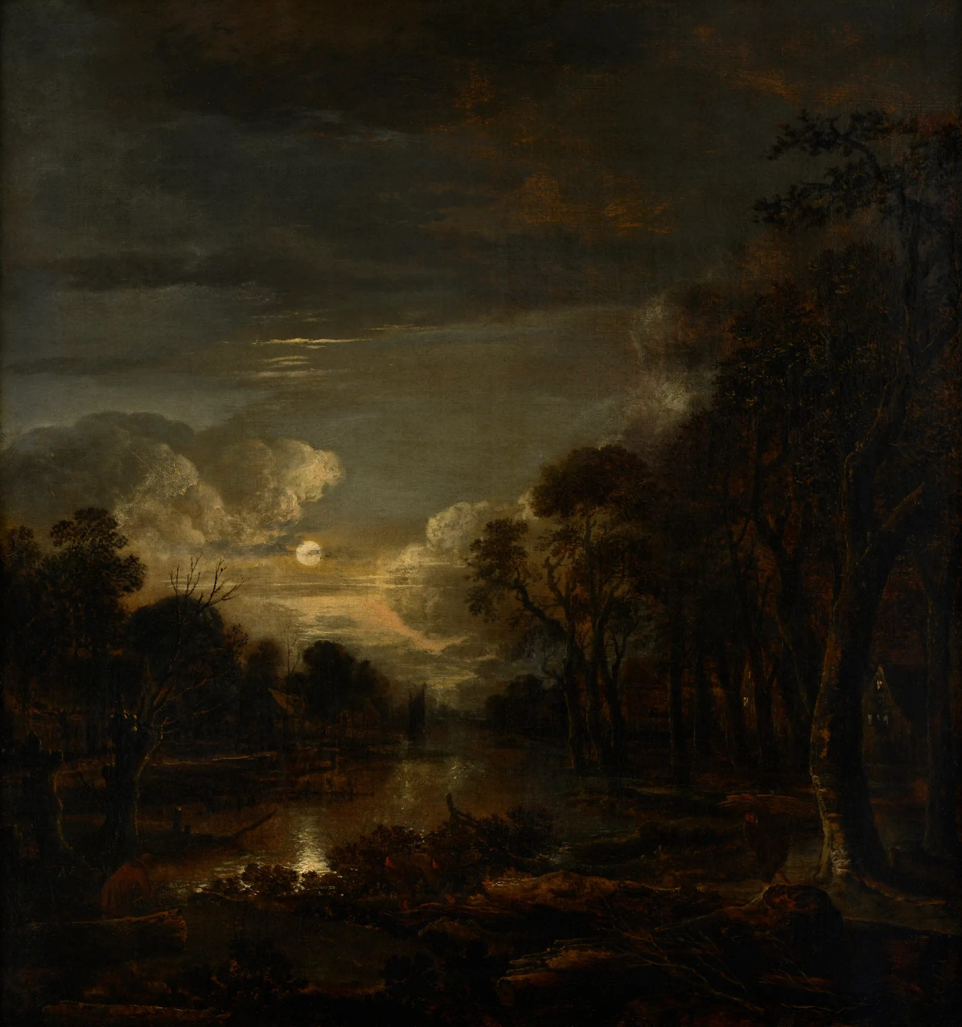 River Landscape with Woodcutters River Landscape with Woodcutters by Aert van der Neer. A nocturnal river scene with tall silhouetted trees and a full moon reflecting brightly on the water's surface.