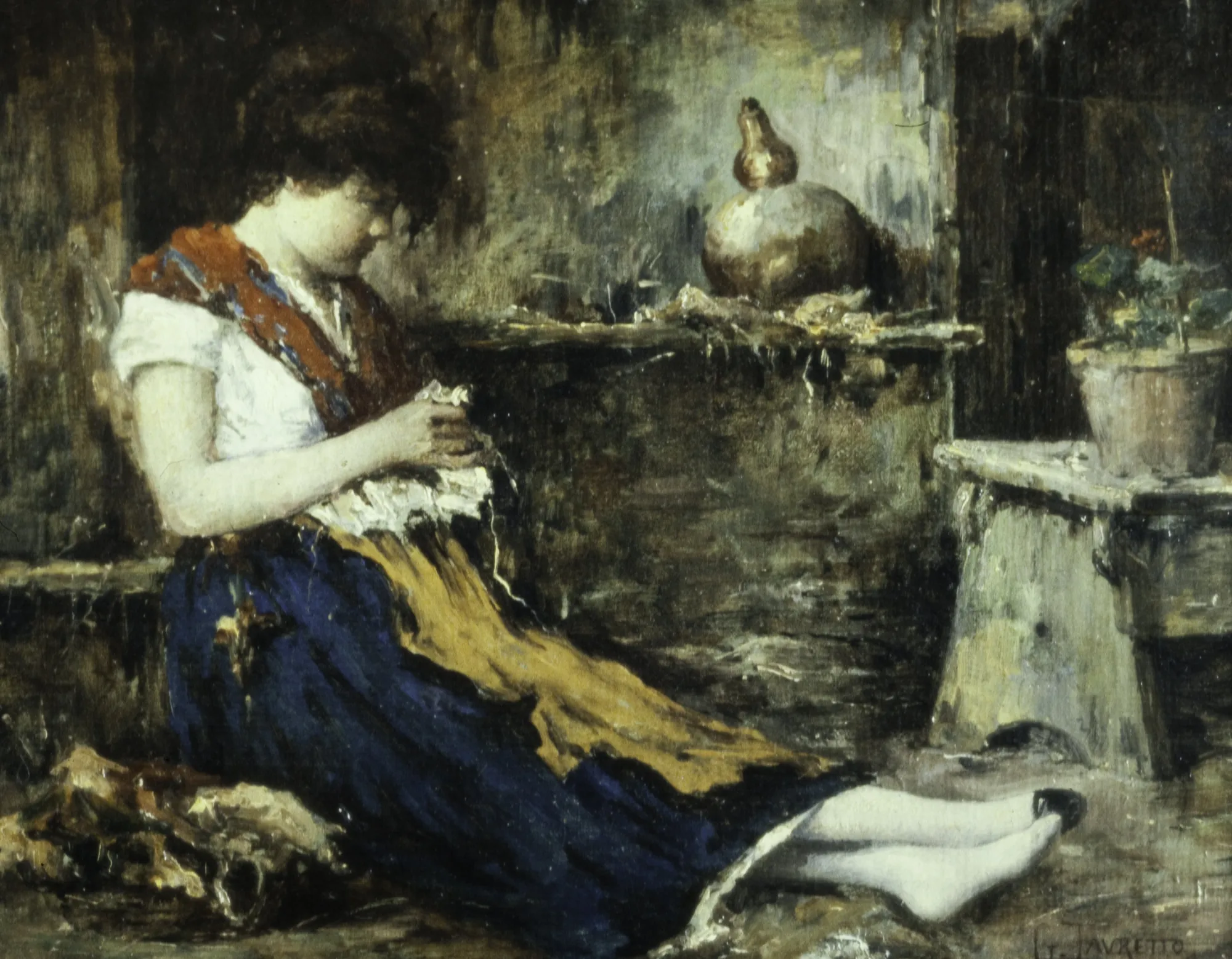 Seated Woman Sewing Seated Woman Sewing by Giacomo Favretto. A woman in a blue skirt and red shawl sits on the floor, focused on her needlework in a dimly lit rustic interior.