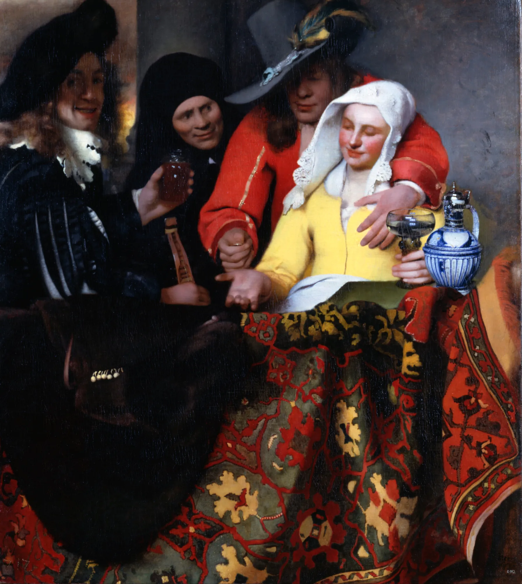 The Procuress The Procuress by Johannes Vermeer. A grouping of four figures—two men, a young woman in a yellow bodice, and an older woman in black—gather around a table draped with a rich Persian carpet.