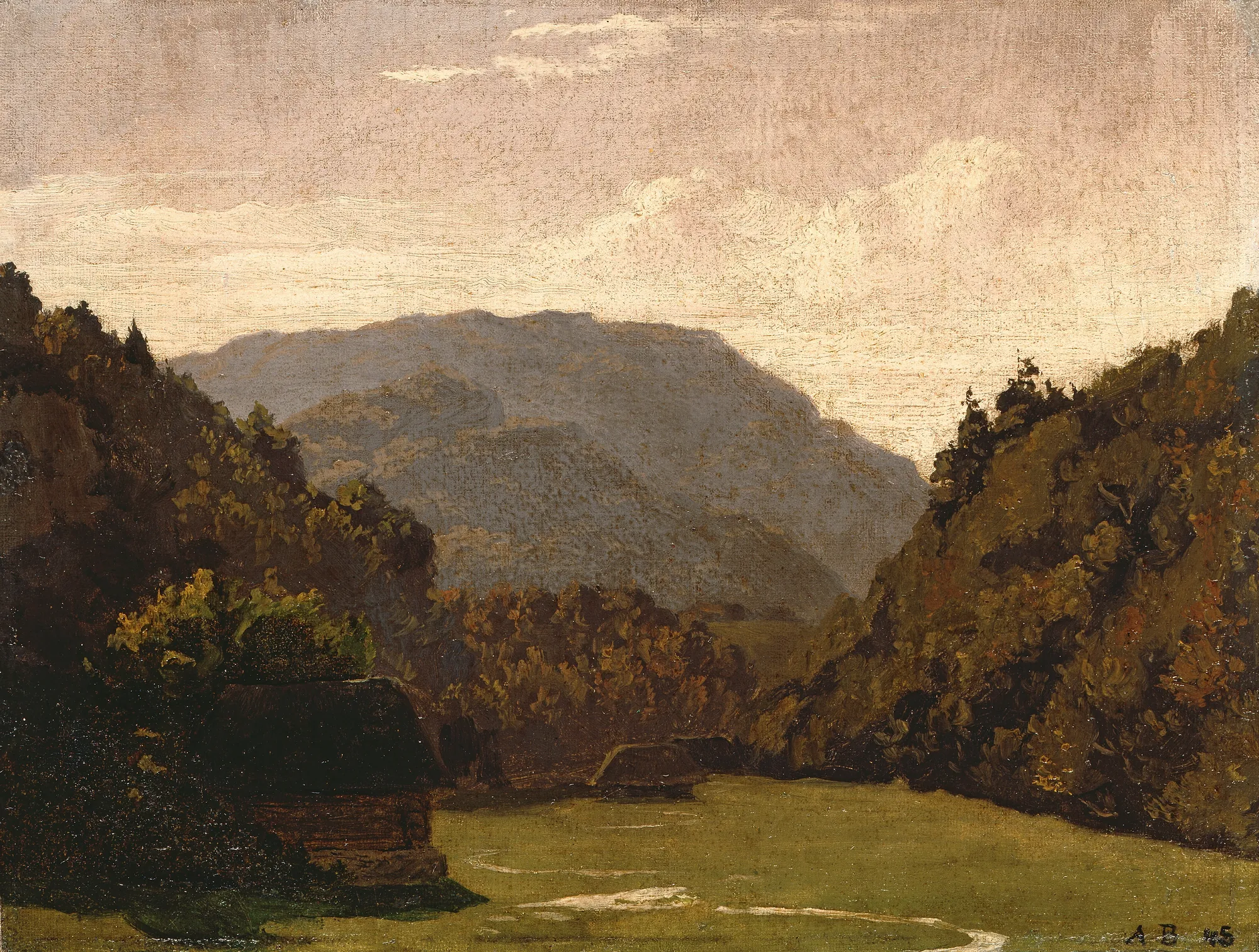 Hilly Landscape with Log Cabins and a Creek