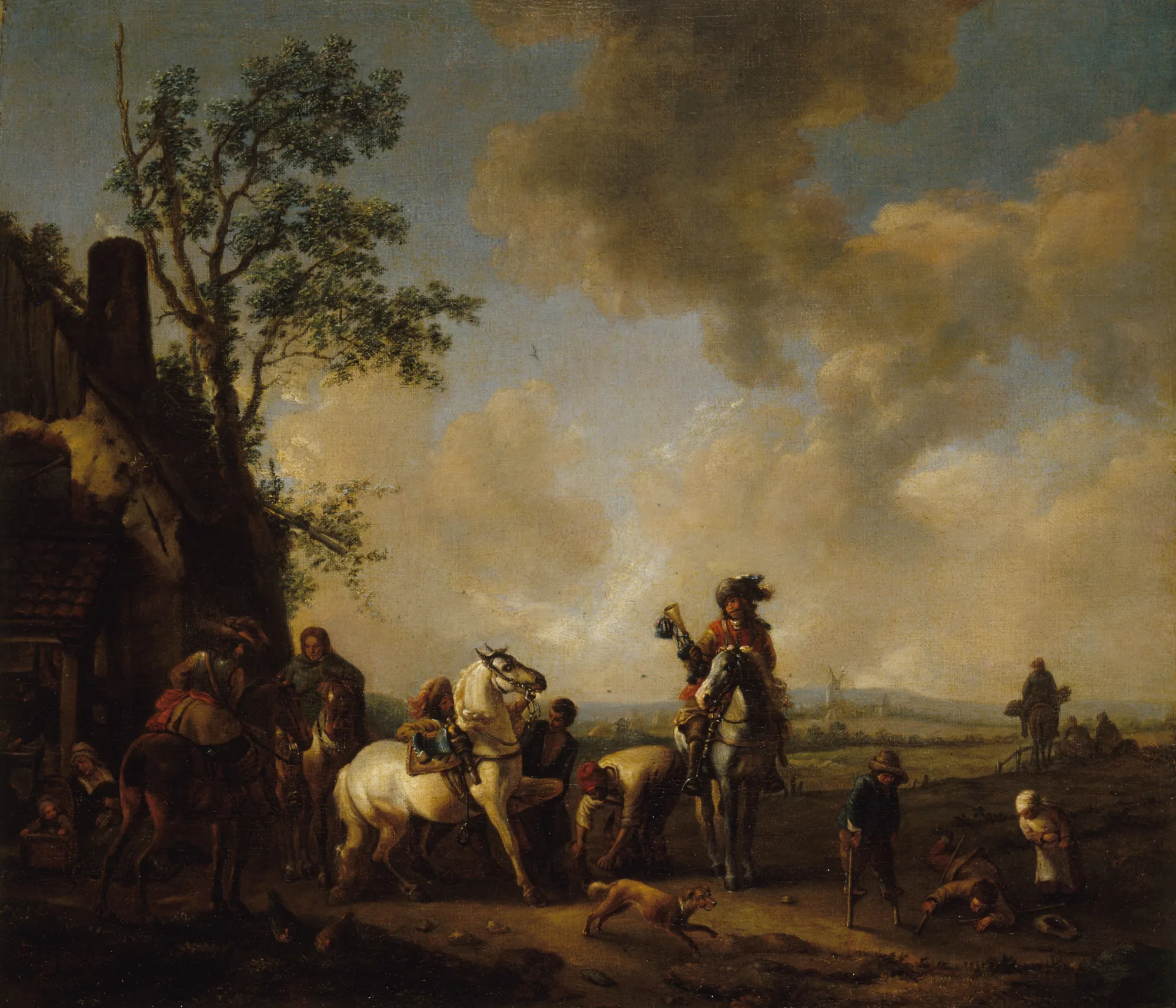 Le Maréchal-ferrant Le Maréchal-ferrant by Unknown Artist. A gathering of travelers and horses outside a rustic stone building under a vast, cloud-filled sky.