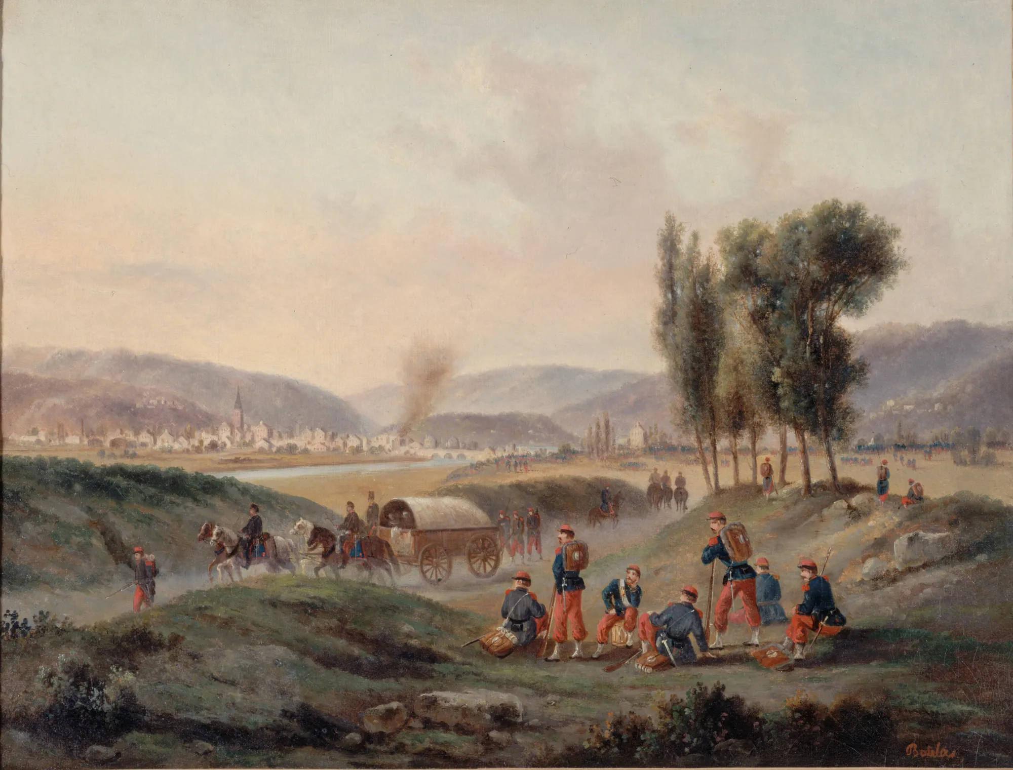 Saarbrücken After the Battle, August 5, 1870 Saarbrücken After the Battle, August 5, 1870 by Unknown Artist. French soldiers rest on a grassy hillside while a horse-drawn supply wagon passes through a valley with a town and river in the distance.