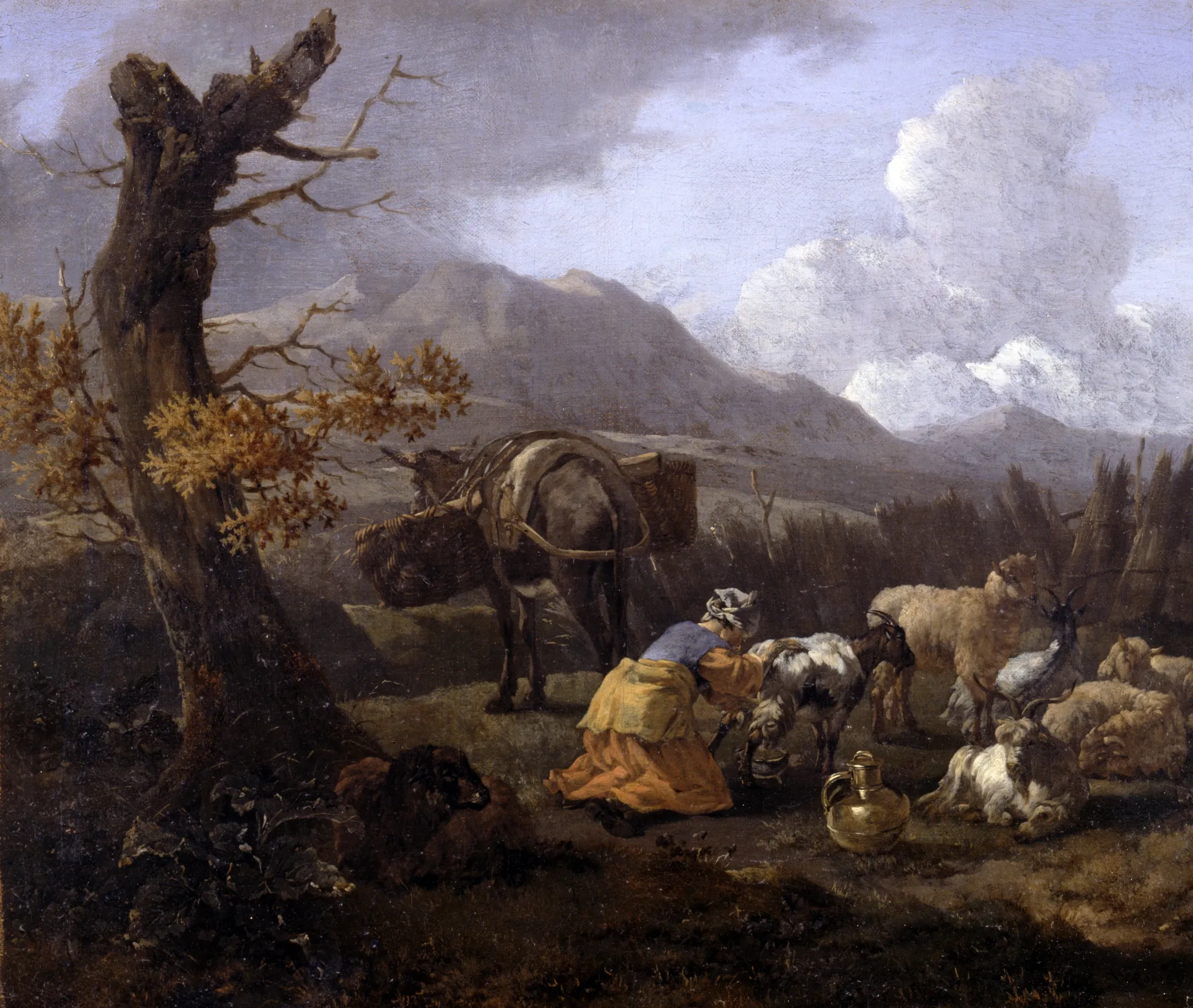 Pastoral Landscape with Animals Pastoral Landscape with Animals by Willem Romeyn. A 17th-century Dutch oil painting showing a woman milking a goat among sheep and a donkey near a gnarled tree with mountains in the distance.