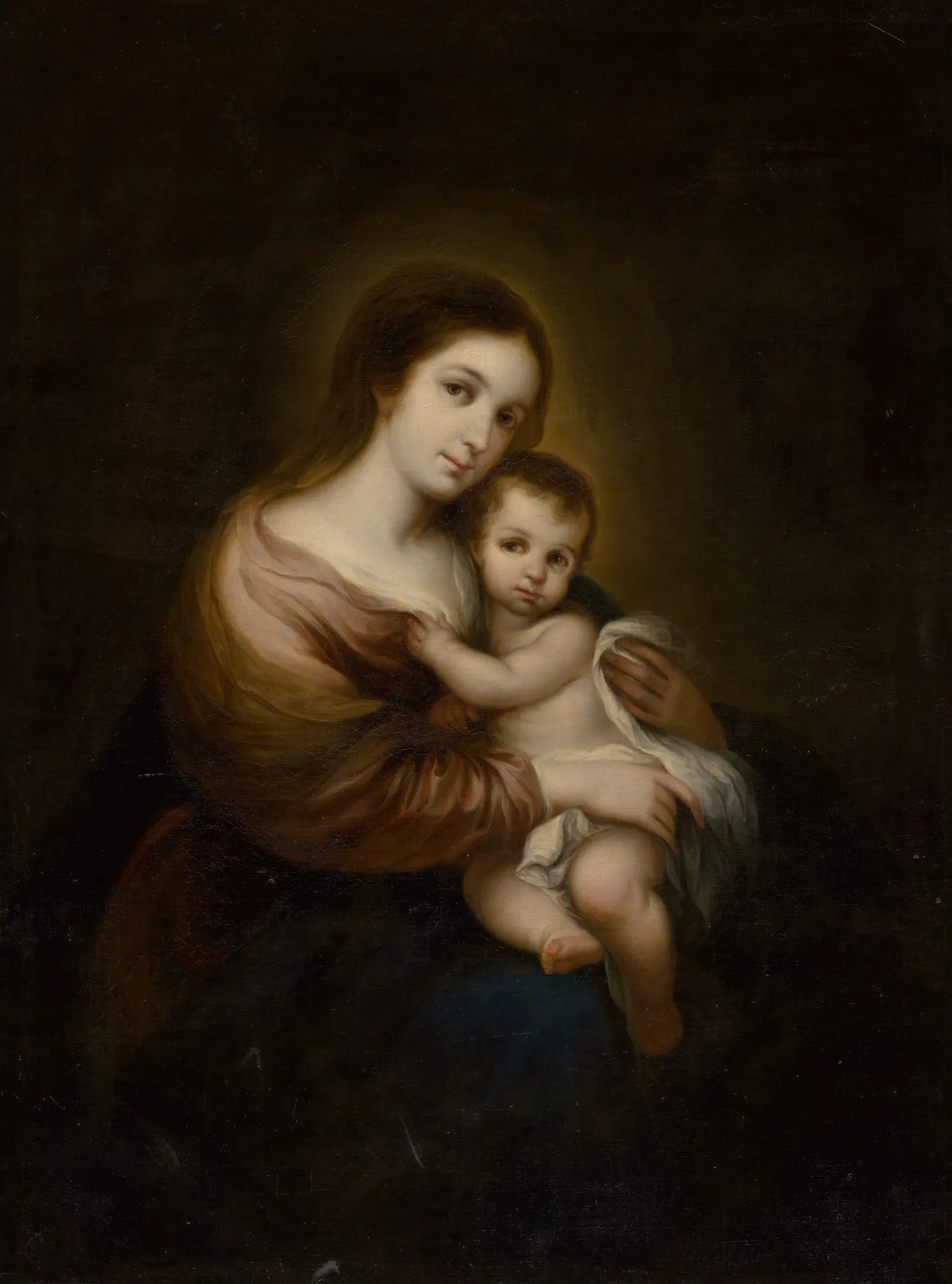 Madonna and Child Madonna and Child by Alonso Miguel de Tovar. An oil painting of the Virgin Mary tenderly holding the Christ Child against a dark, atmospheric background.