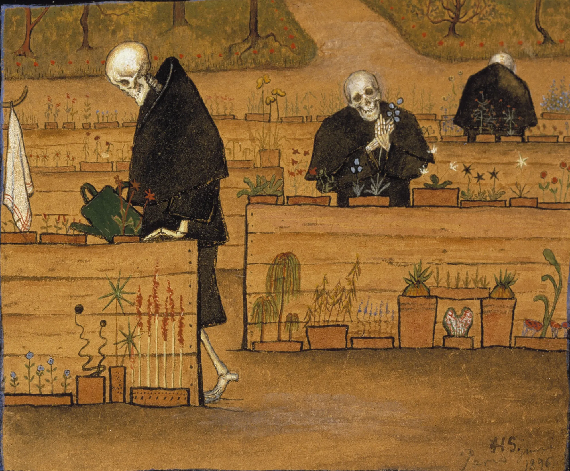 The Garden of Death The Garden of Death by Hugo Simberg. Three robed skeletons carefully tend to various potted plants and flowers within a walled garden setting.