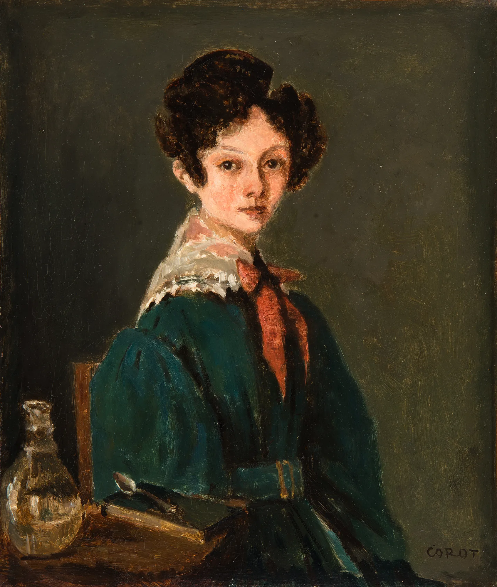 Mme Lemaistre (Blanche Sennegon) Mme Lemaistre (Blanche Sennegon) by Jean-Baptiste Camille Corot. A portrait of a young woman in a dark teal dress with a red bow and lace collar, seated beside a table with a glass carafe and a book.