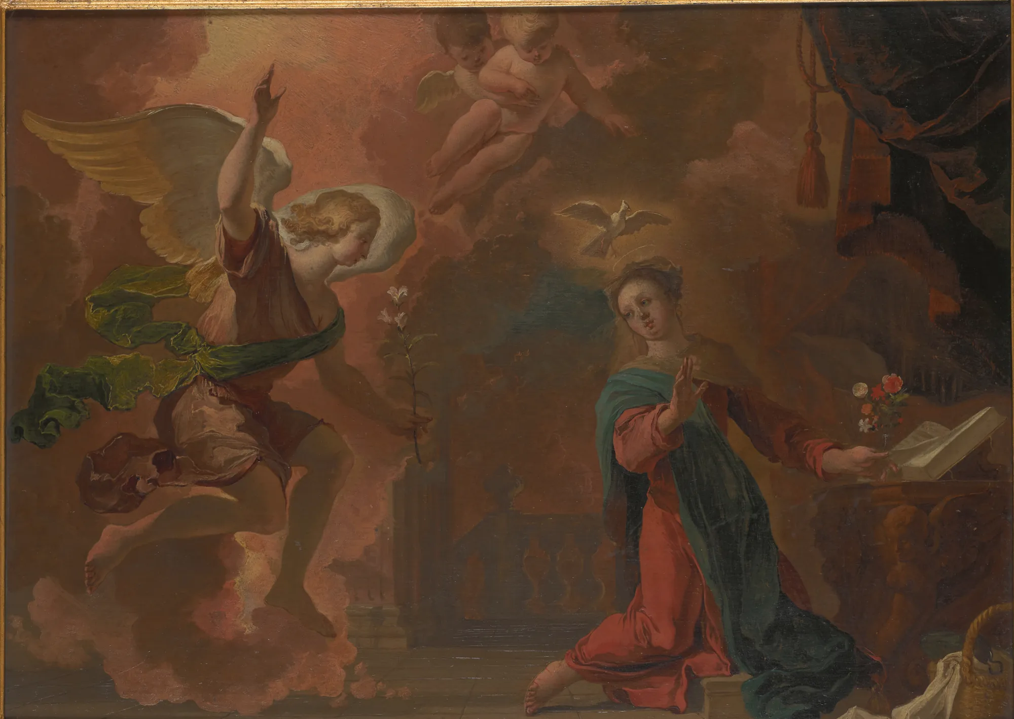 The Annunciation The Annunciation by Abraham Hondius. A 17th-century religious scene depicting the Archangel Gabriel appearing to the Virgin Mary amidst atmospheric clouds and light.