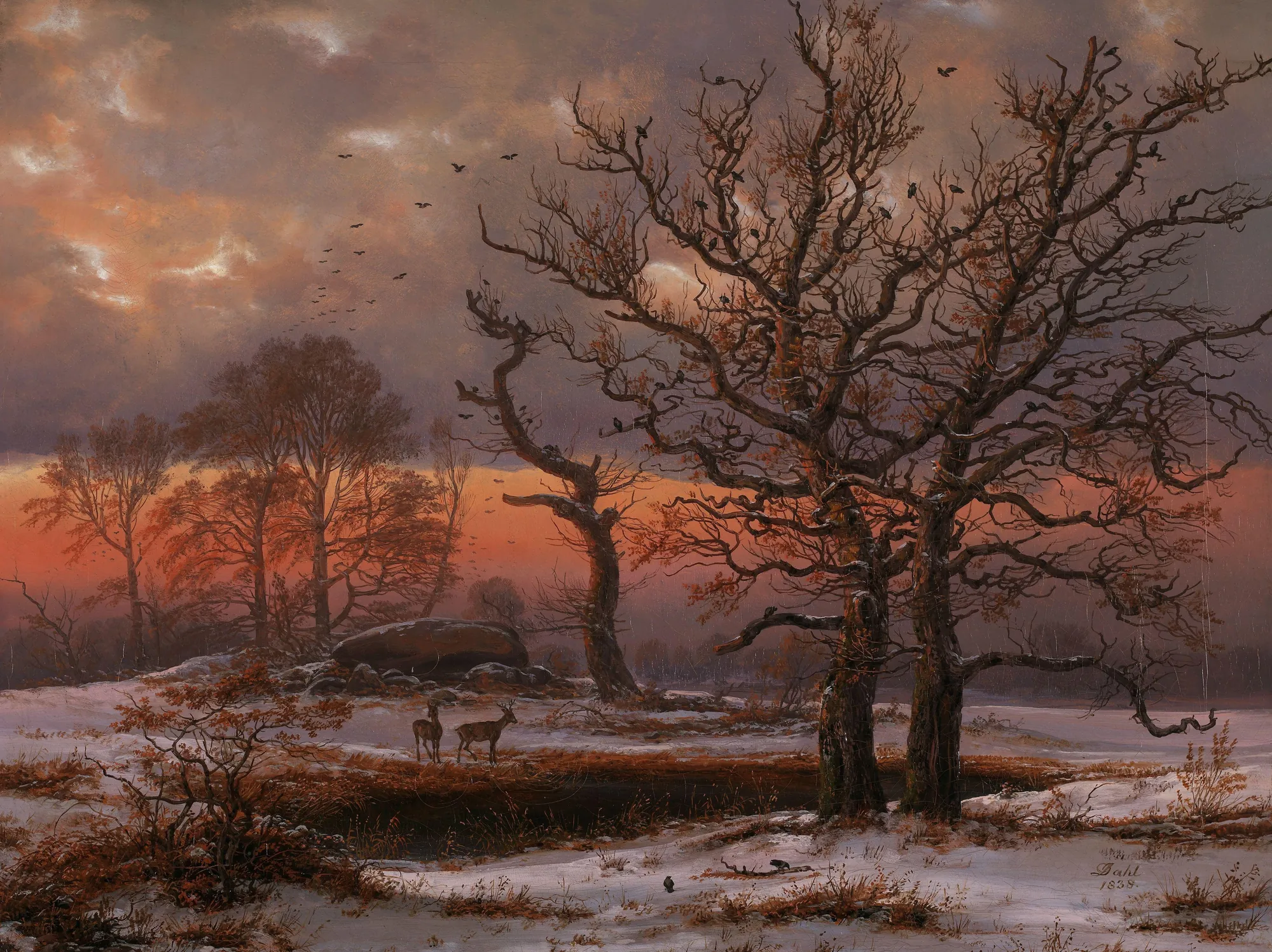 Danish Winter Landscape with Dolmen Danish Winter Landscape with Dolmen by Johan Christian Dahl. A dramatic winter landscape at dusk featuring gnarled, bare trees and a group of deer near an ancient dolmen under a glowing orange and purple sky.