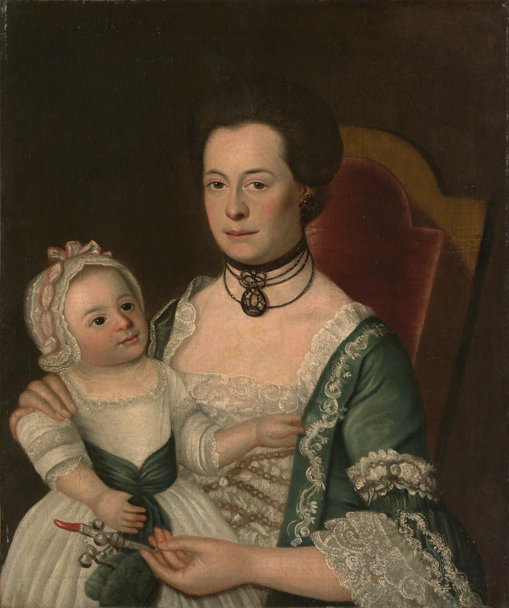 Mrs. Jacob Hurd and Child Mrs. Jacob Hurd and Child by William Johnston. An 18th-century oil portrait of a woman in a green gown holding a child in a white bonnet.