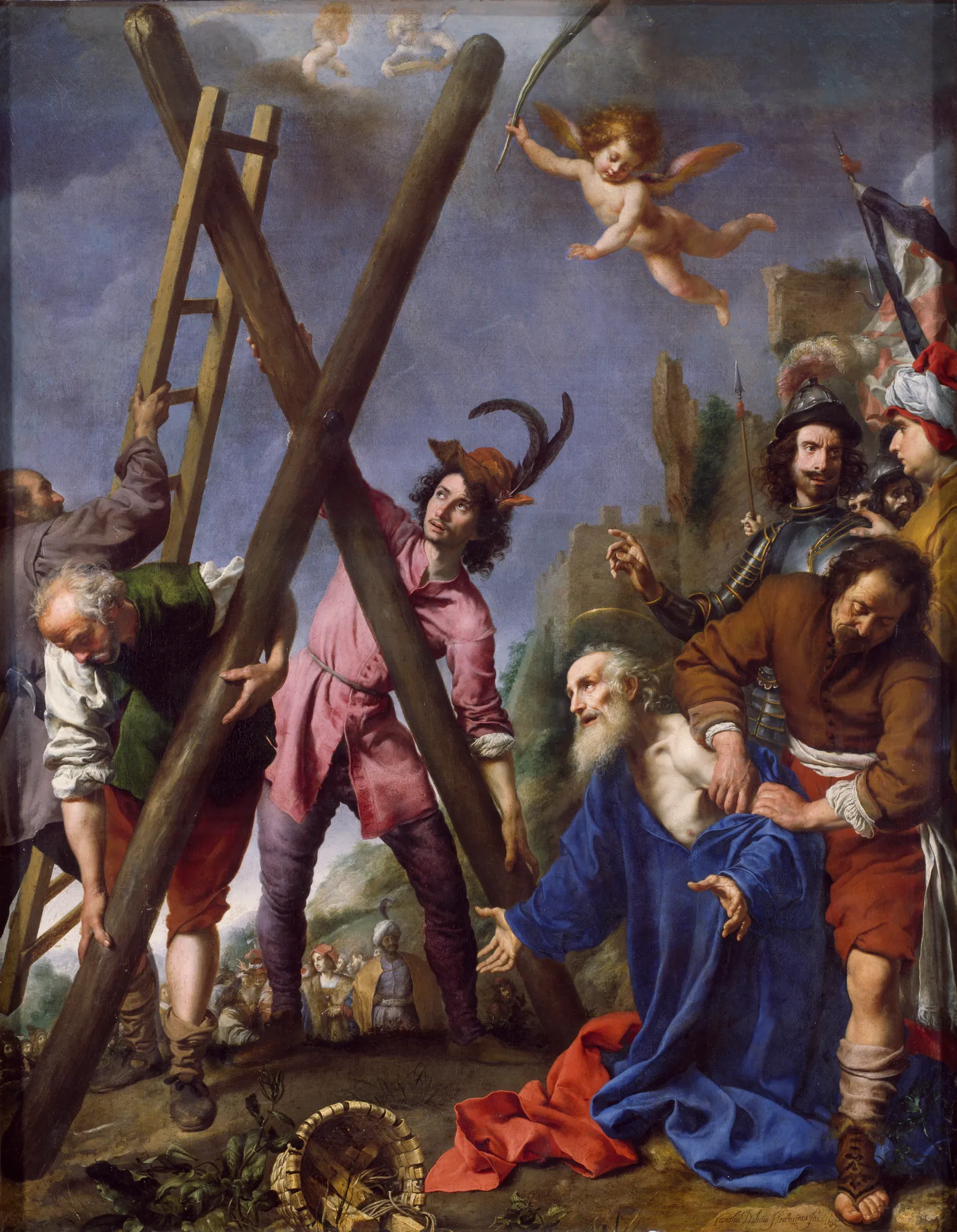 St Andrew Praying before his Martyrdom St Andrew Praying before his Martyrdom by Carlo Dolci. Saint Andrew kneels in prayer beside a large wooden X-shaped cross, surrounded by onlookers and soldiers as a cherub floats above.
