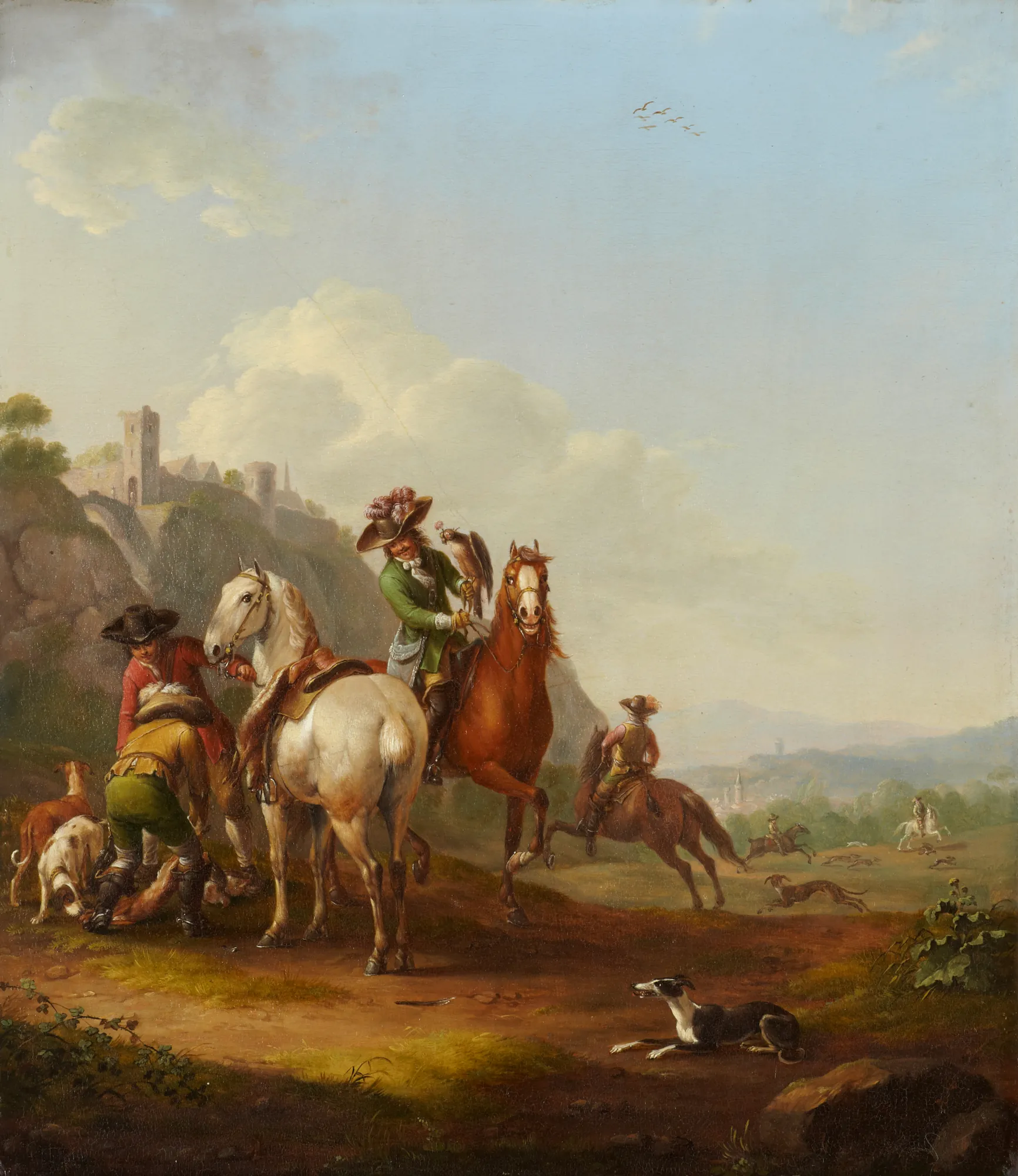 Hare-Hunt with Falconer Hare-Hunt with Falconer by Johann Georg Pforr. A group of hunters on horseback and on foot with hounds and a falcon gathered in a landscape near a hill-top castle.