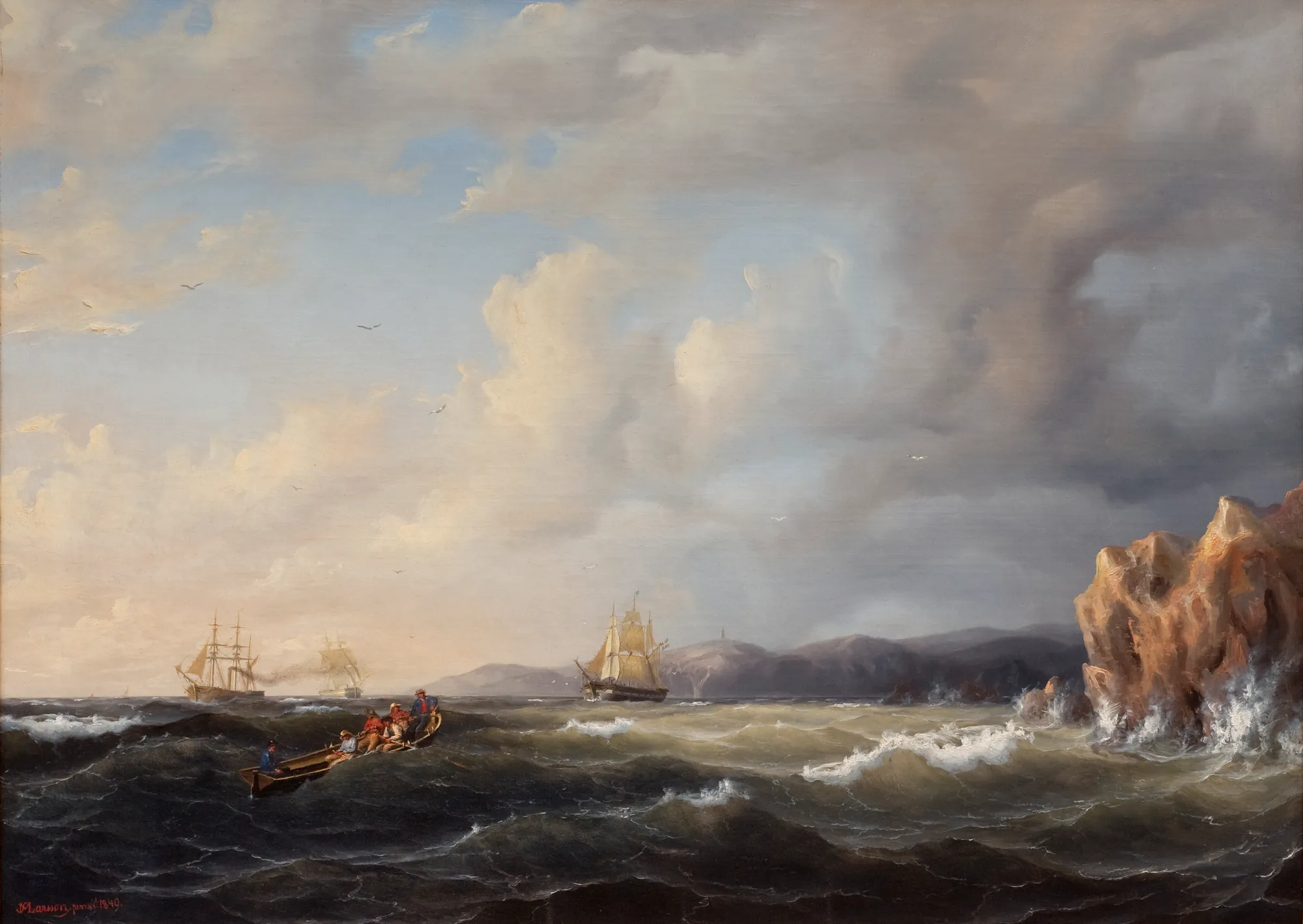 Bark Beating to Windward at Kullaberg Bark Beating to Windward at Kullaberg by Marcus Larson. A group of sailors in a small boat navigates choppy seas near a rocky coast while larger sailing ships appear in the distance under a vast, cloud-filled sky.