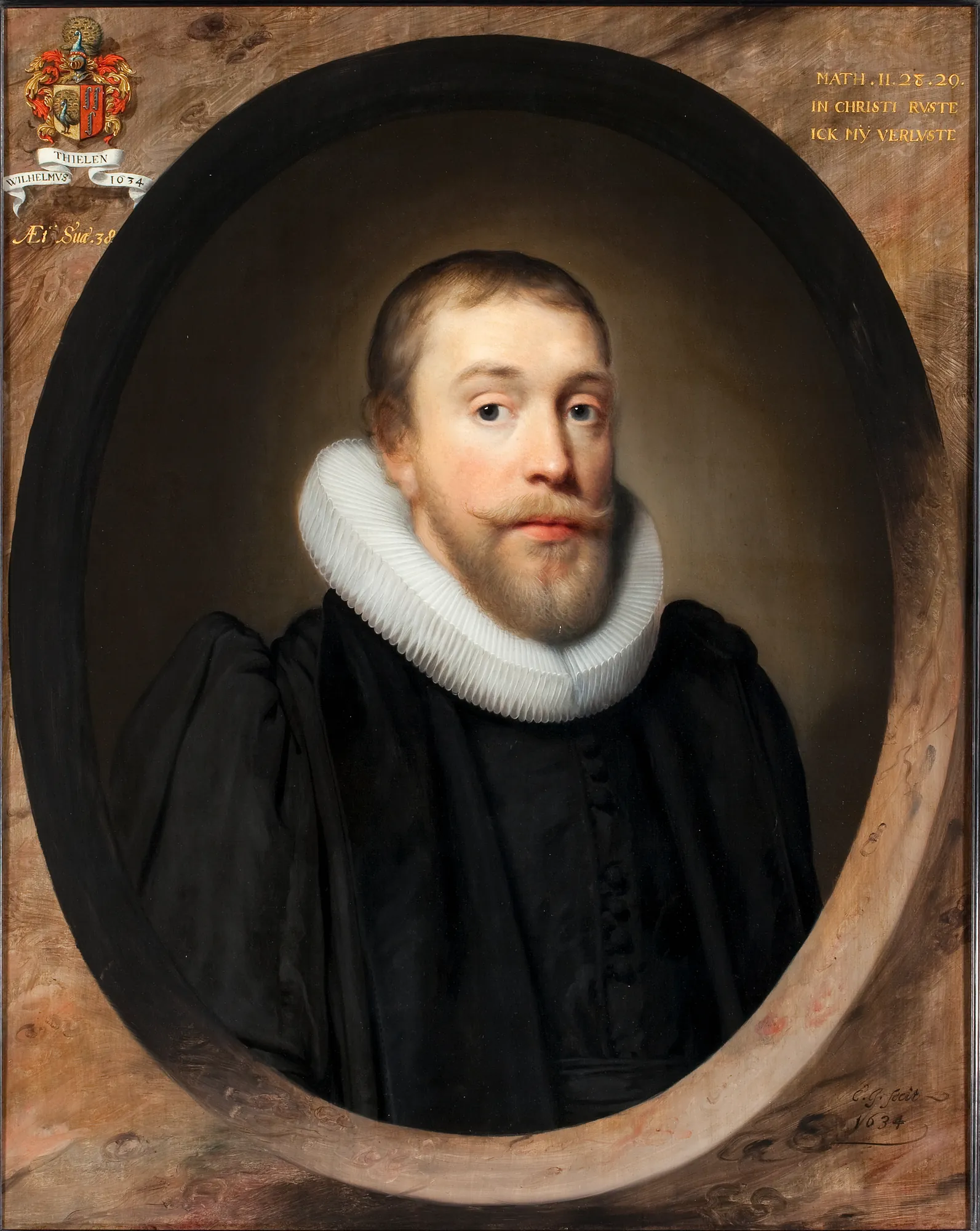 Portrait of Willem Thielen Portrait of Willem Thielen by Cornelis Janssens van Ceulen. A formal oil portrait of a bearded man wearing a white ruff and black clerical robes, set within a painted oval frame with heraldry in the corners.