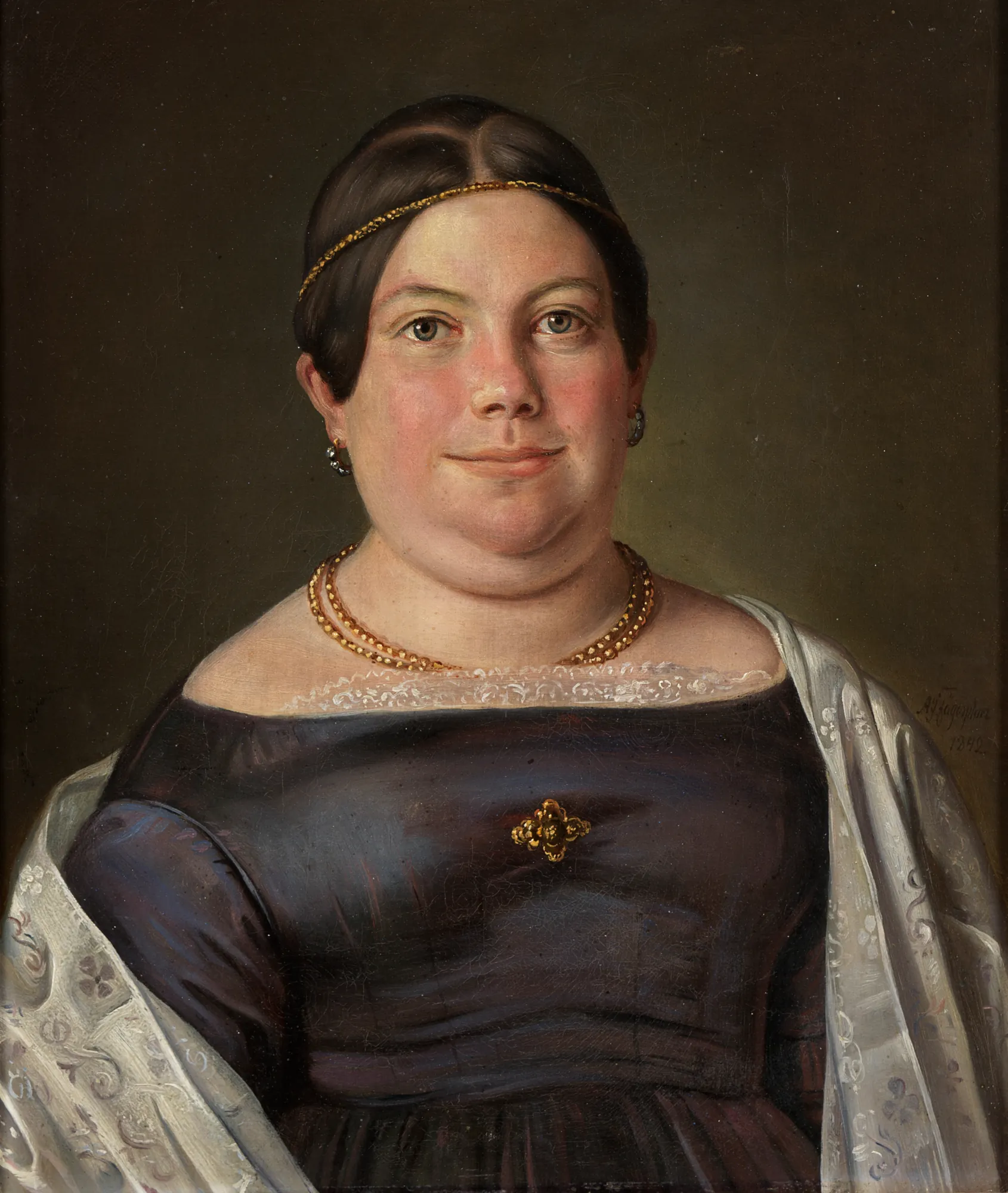 Lovisa Isabella Bjurberg Lovisa Isabella Bjurberg by Axel Johan Fägerplan. A mid-19th-century oil portrait of a woman in a dark silk gown with a white patterned shawl and gold jewelry.