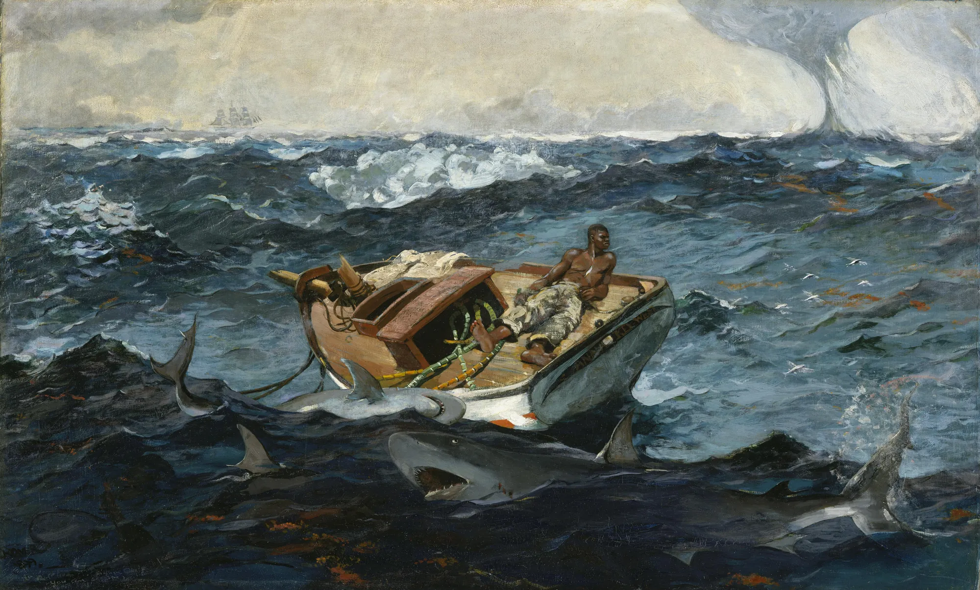 The Gulf Stream The Gulf Stream by Winslow Homer. A man lies on the deck of a dismasted small boat adrift in a turbulent sea, surrounded by sharks with a looming waterspout in the background.