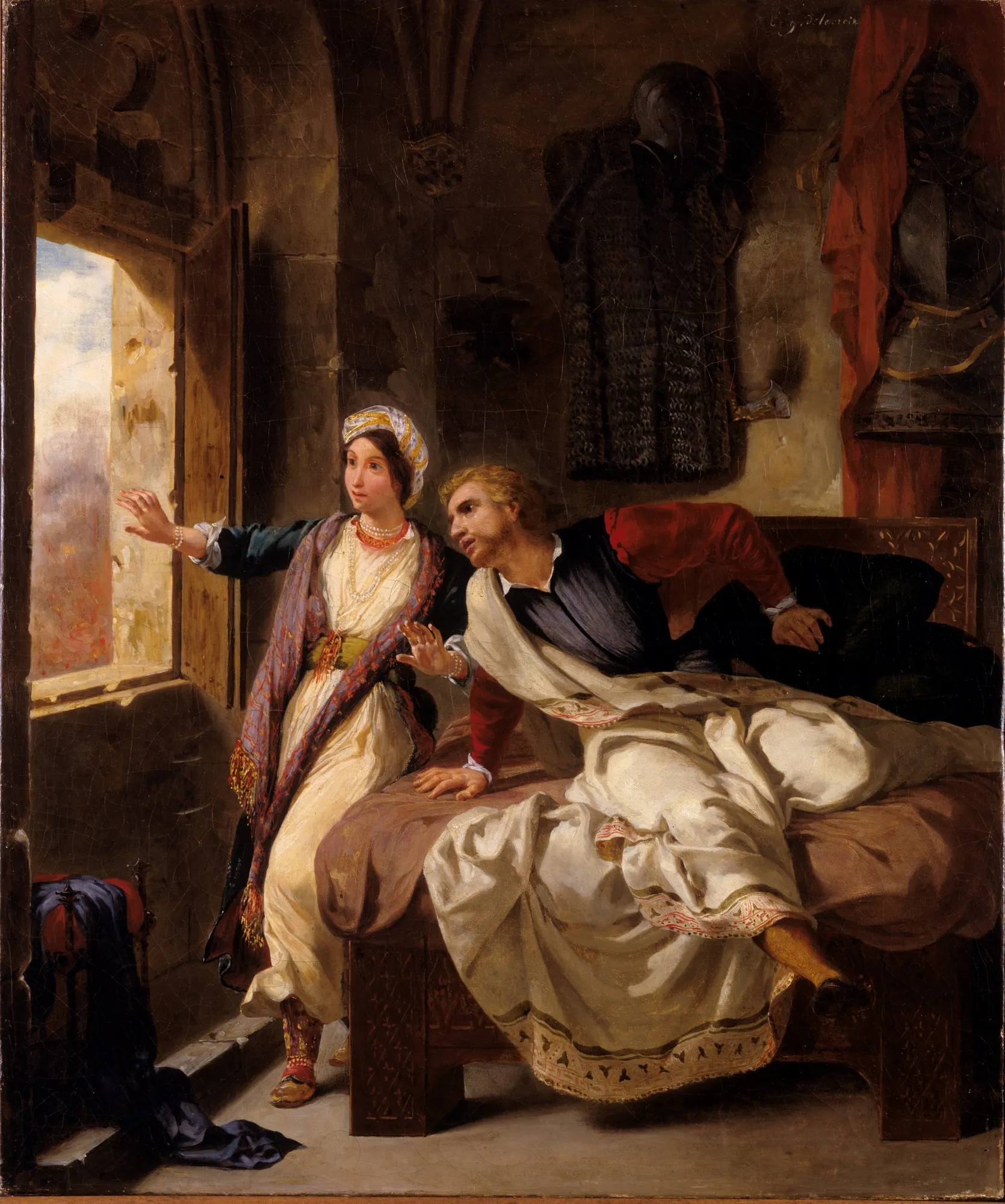 Rebecca and the Wounded Ivanhoe Rebecca and the Wounded Ivanhoe by Eugène Delacroix. In a dimly lit stone room, a woman in patterned robes looks out a window while a wounded knight reclines on a lavishly draped bed.