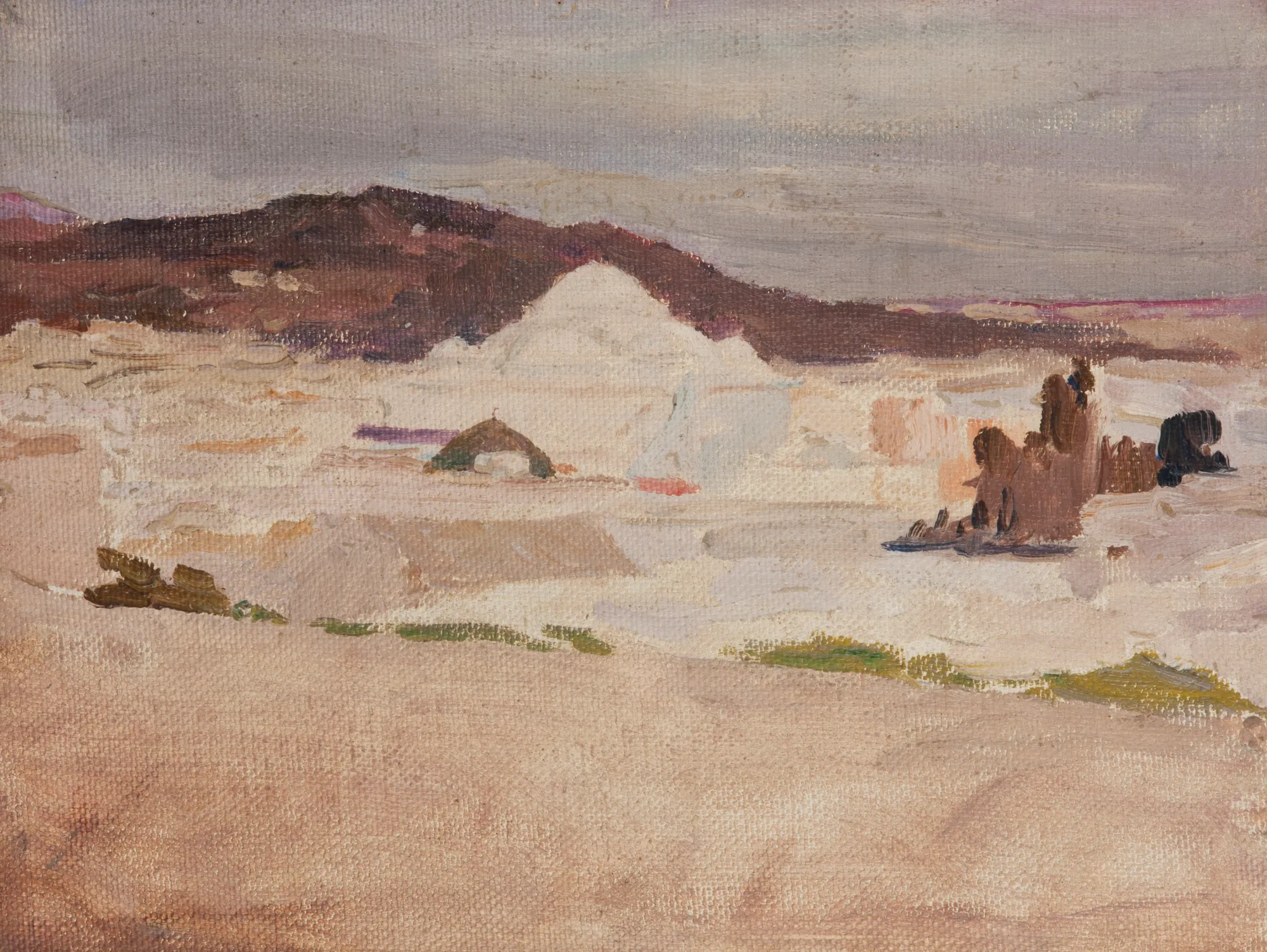 Tunis Tunis by Jan Ciągliński. An impressionistic landscape painting depicting the city of Tunis with mountains in the background using earthy, muted tones.
