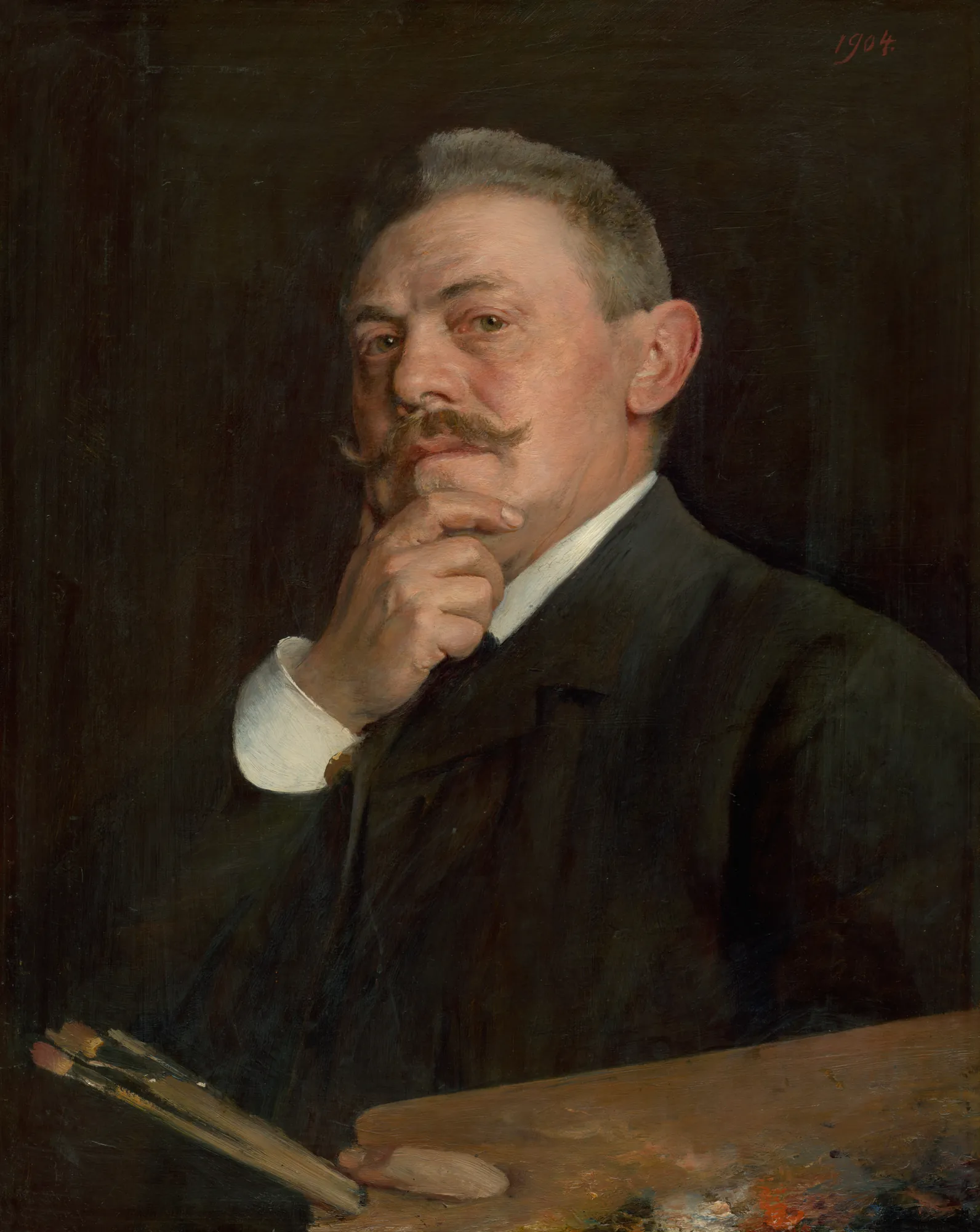 Self-Portrait (Autoportrét) Self-Portrait (Autoportrét) by Döme Skuteczky. A dignified self-portrait of a man with a mustache resting his chin on his hand while holding a painter's palette and brushes.