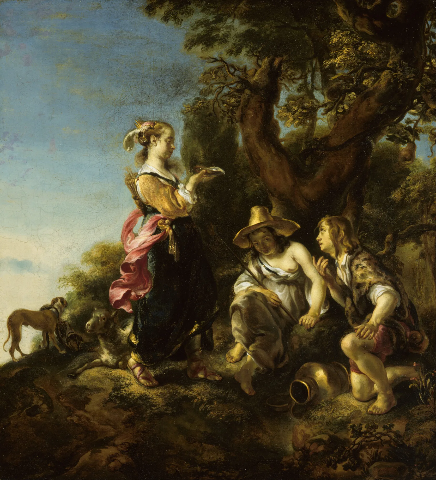 Granida and Daifalo Granida and Daifalo by Jan van Noordt. A woman in a golden bodice and pink sash stands before a seated man and another figure in a lush, wooded landscape.