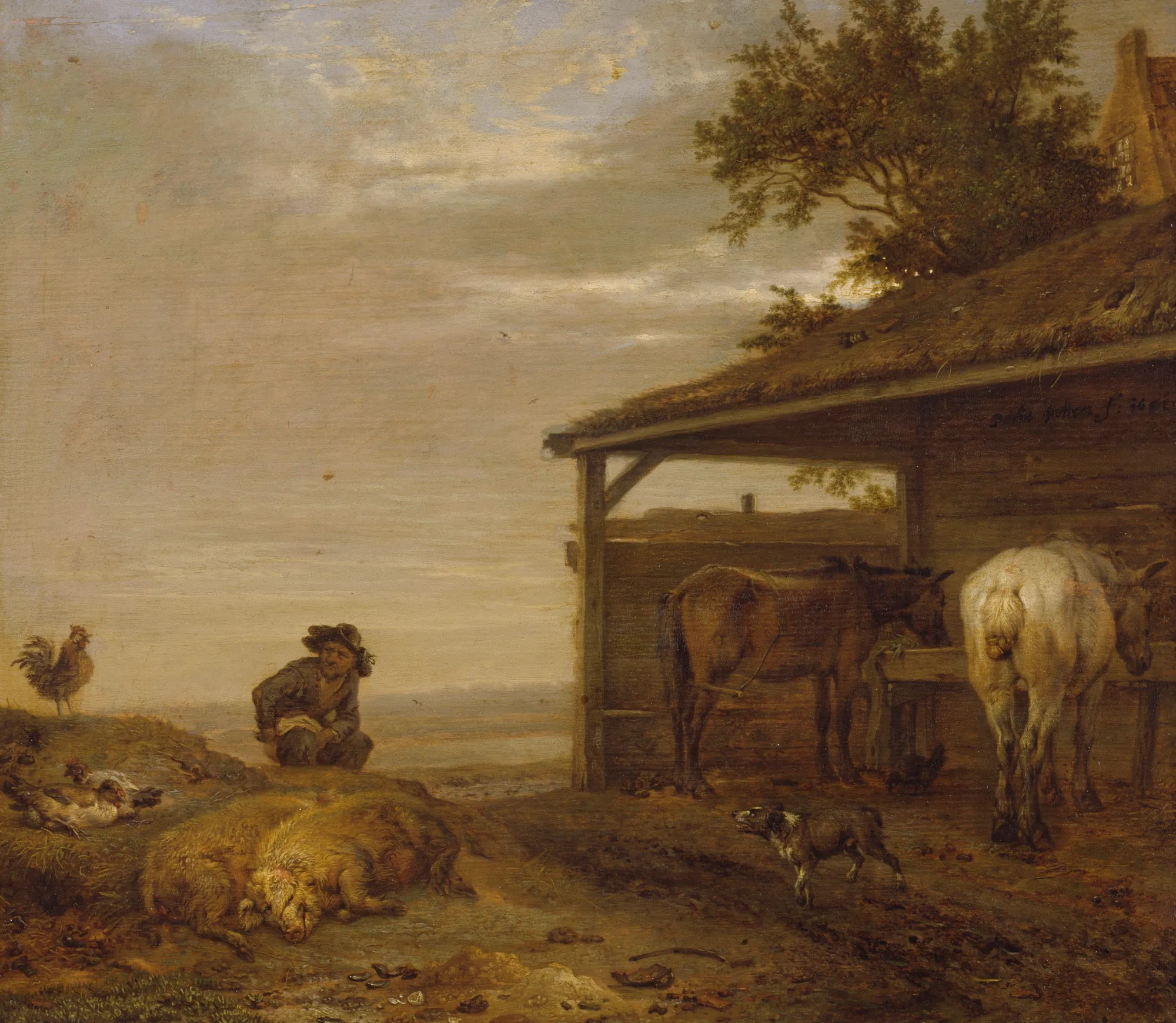 Man Outside a Stable Man Outside a Stable by Paulus Potter. A 17th-century Dutch scene of rural life with a man, resting pigs, and horses in a weathered wooden stable under a cloudy sky.