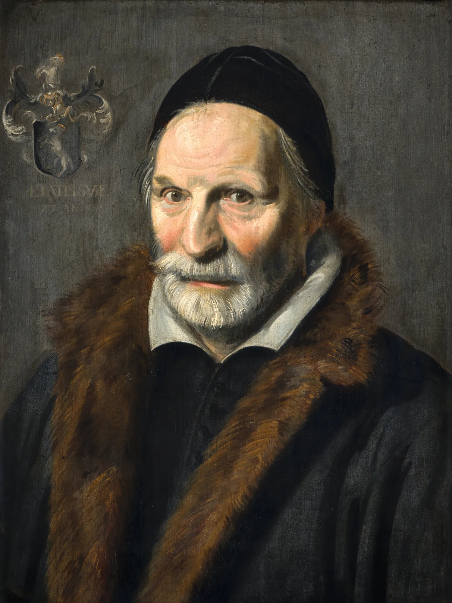Portrait of Jacobus Zaffius Portrait of Jacobus Zaffius by Frans Hals. A three-quarter length portrait of an elderly man with a white beard, wearing a black skullcap and a fur-lined robe, beside a heraldic crest.