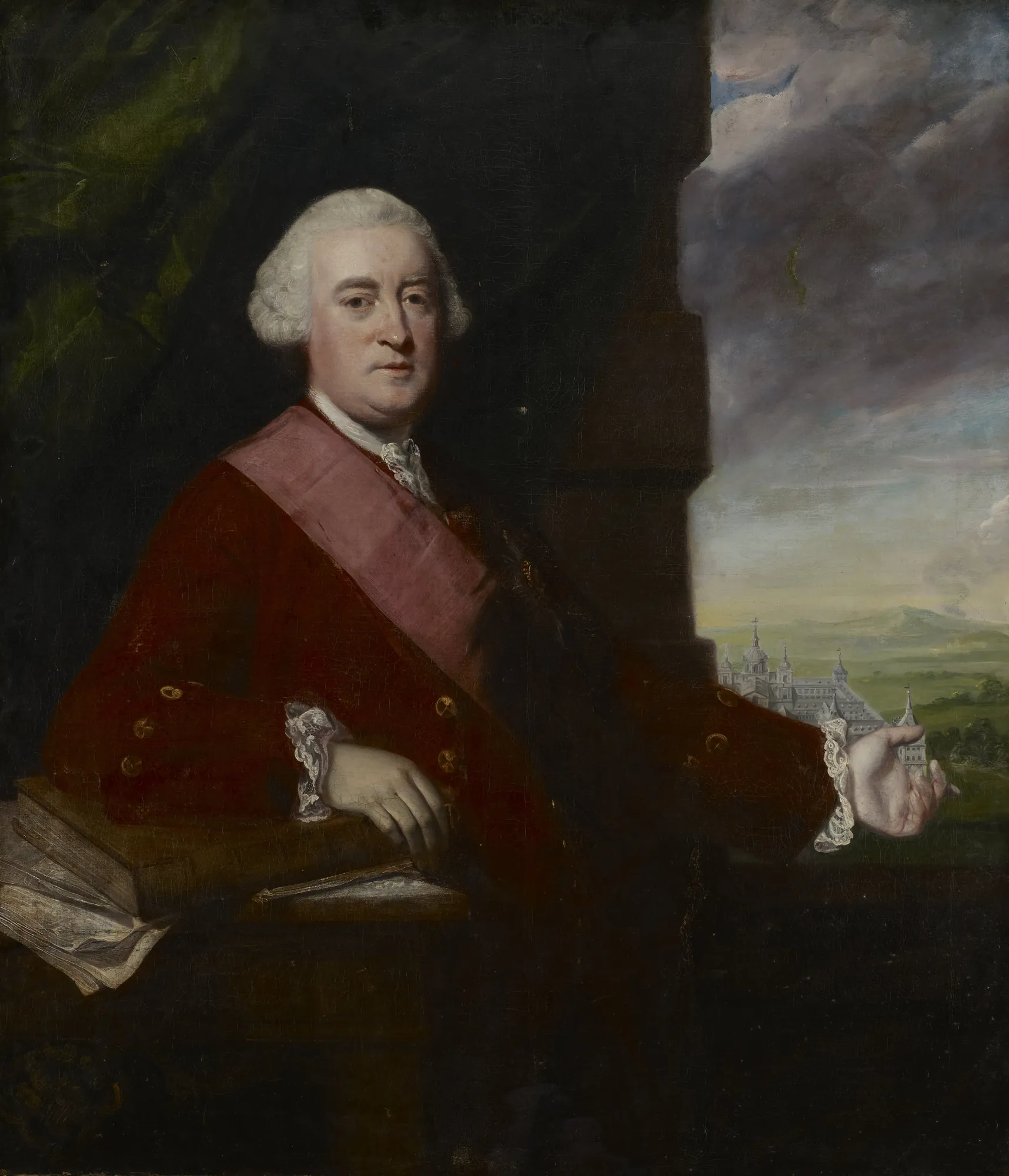 Portrait of Sir James Gray Portrait of Sir James Gray by Joshua Reynolds. A half-length portrait of a man in a red coat and pink sash leaning on books, with a distant estate visible under a cloudy sky.