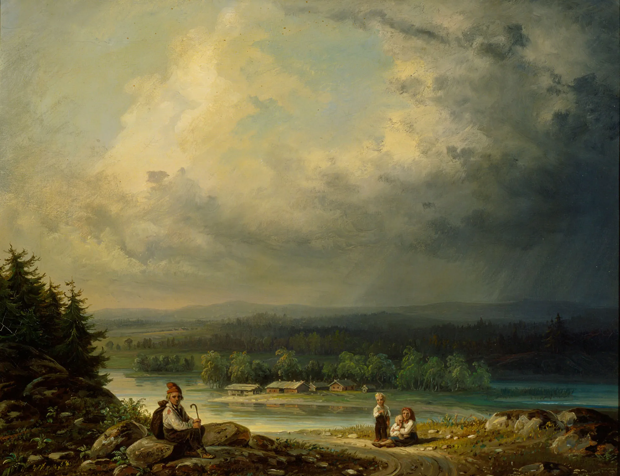 Landscape with Four Peasant Children Landscape with Four Peasant Children by Robert Wilhelm Ekman. Four children rest by a river under a vast, cloud-filled sky in a rural landscape.