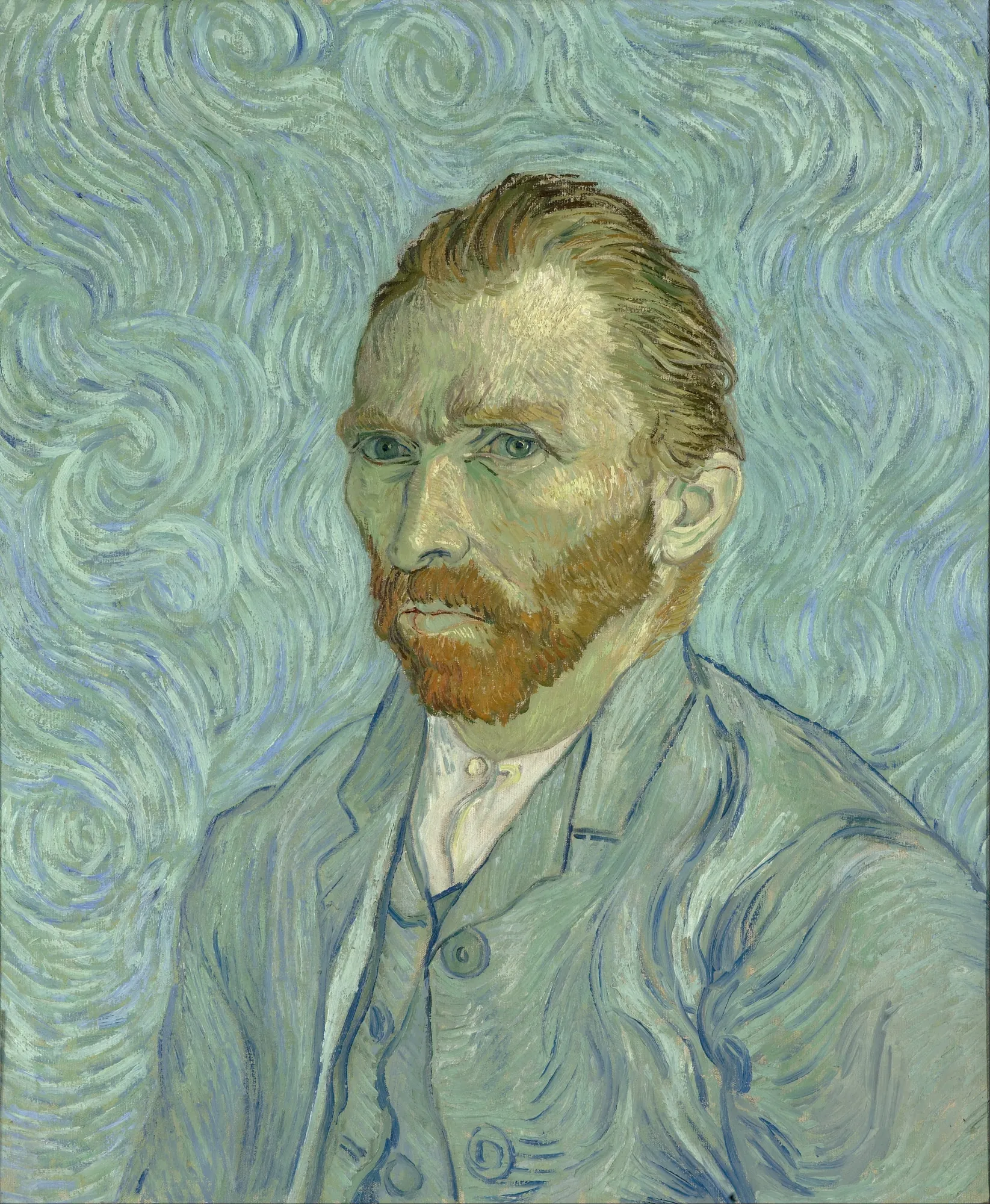 Self-Portrait Self-Portrait by Vincent van Gogh. A bust-length portrait of Vincent van Gogh with a red beard set against a swirling blue-green background.