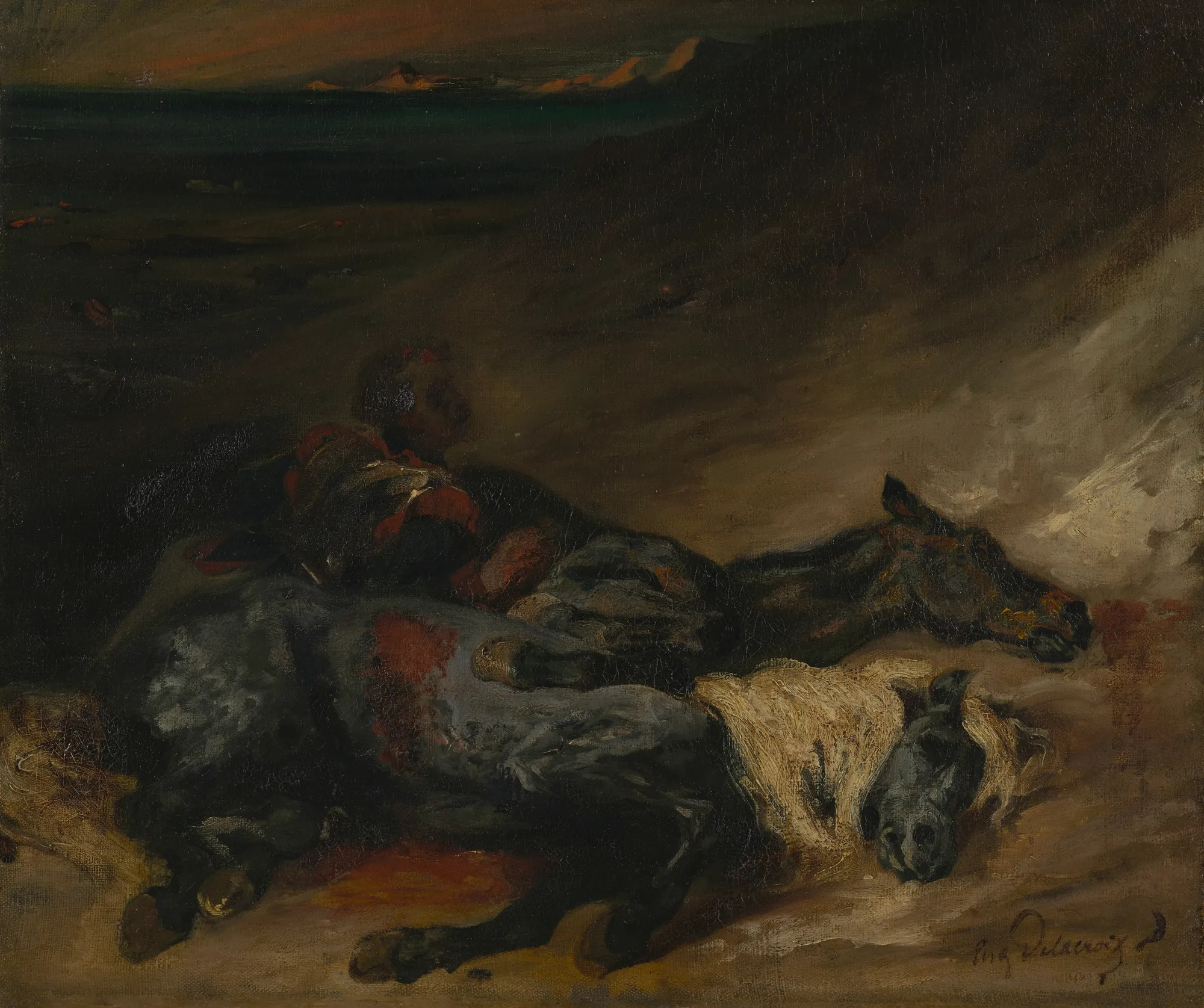 Evening after a Battle Evening after a Battle by Eugène Delacroix. A somber, dark-toned painting depicting fallen horses and a slumped figure on a battlefield at dusk under a dim horizon.