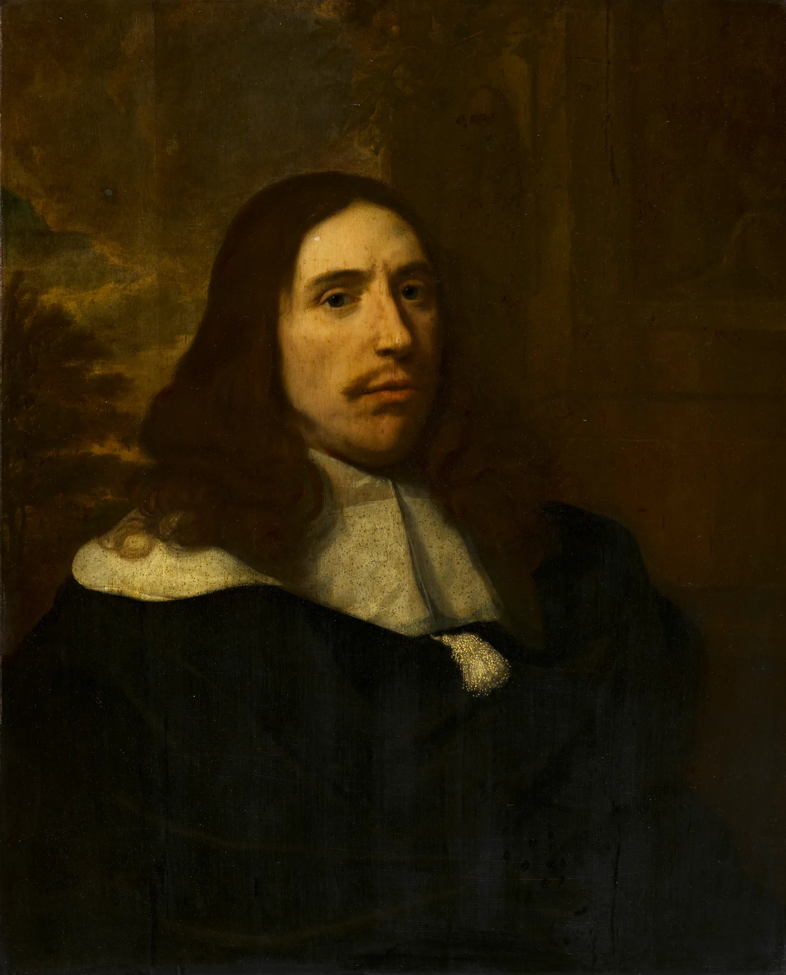 Portrait of a Man Portrait of a Man by Bartholomeus van der Helst. A three-quarter portrait of a man with long dark hair and a mustache, wearing a black cloak and a wide white collar against a dark, shadowy background.