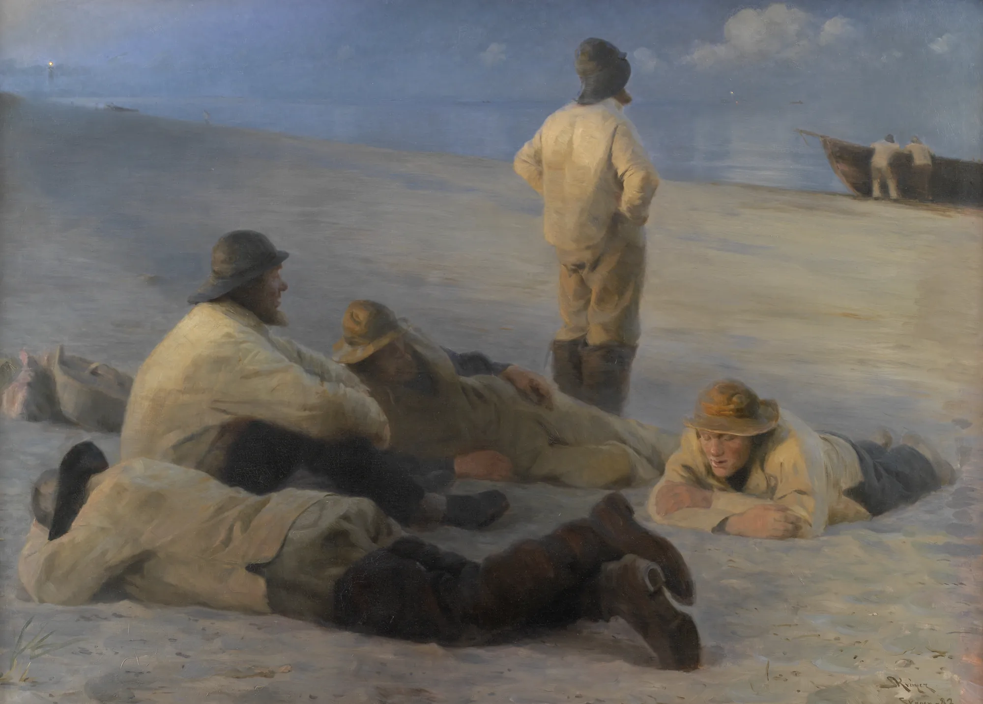 Fishermen at Skagen Beach Fishermen at Skagen Beach by Peder Severin Krøyer. A group of fishermen rest on the sandy shores of Skagen beach under a hazy, blue-toned twilight sky.