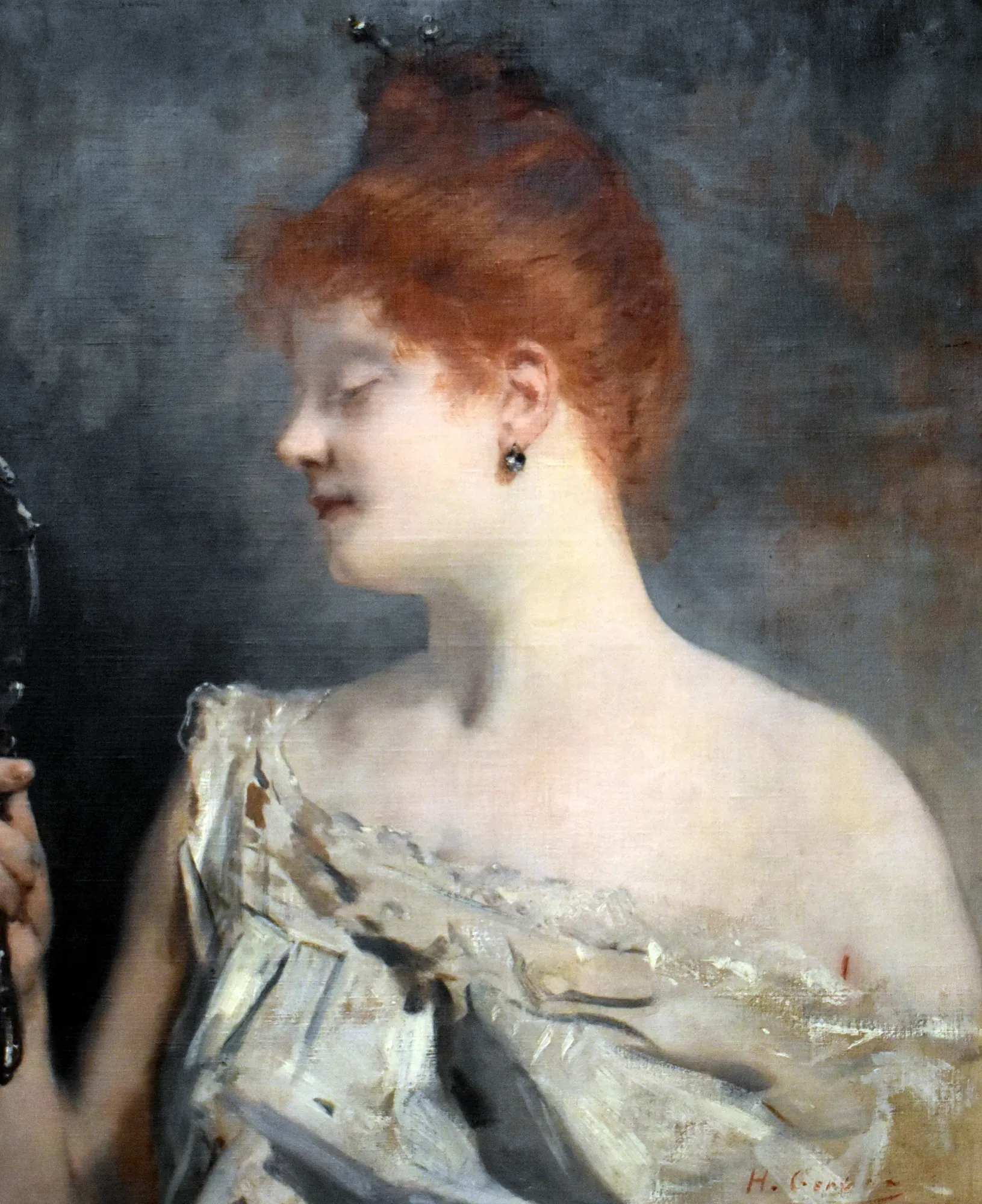 Le Miroir Le Miroir by Henri Gervex. A profile portrait of a woman with red hair and closed eyes, holding a mirror and wearing a ruffled cream bodice against a dark, atmospheric background.