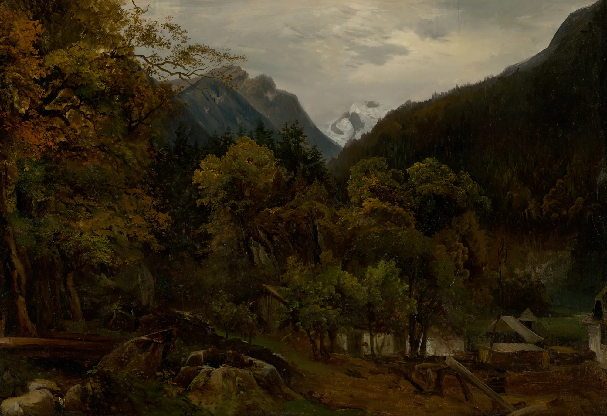 Mountain Landscape with Wooden Huts