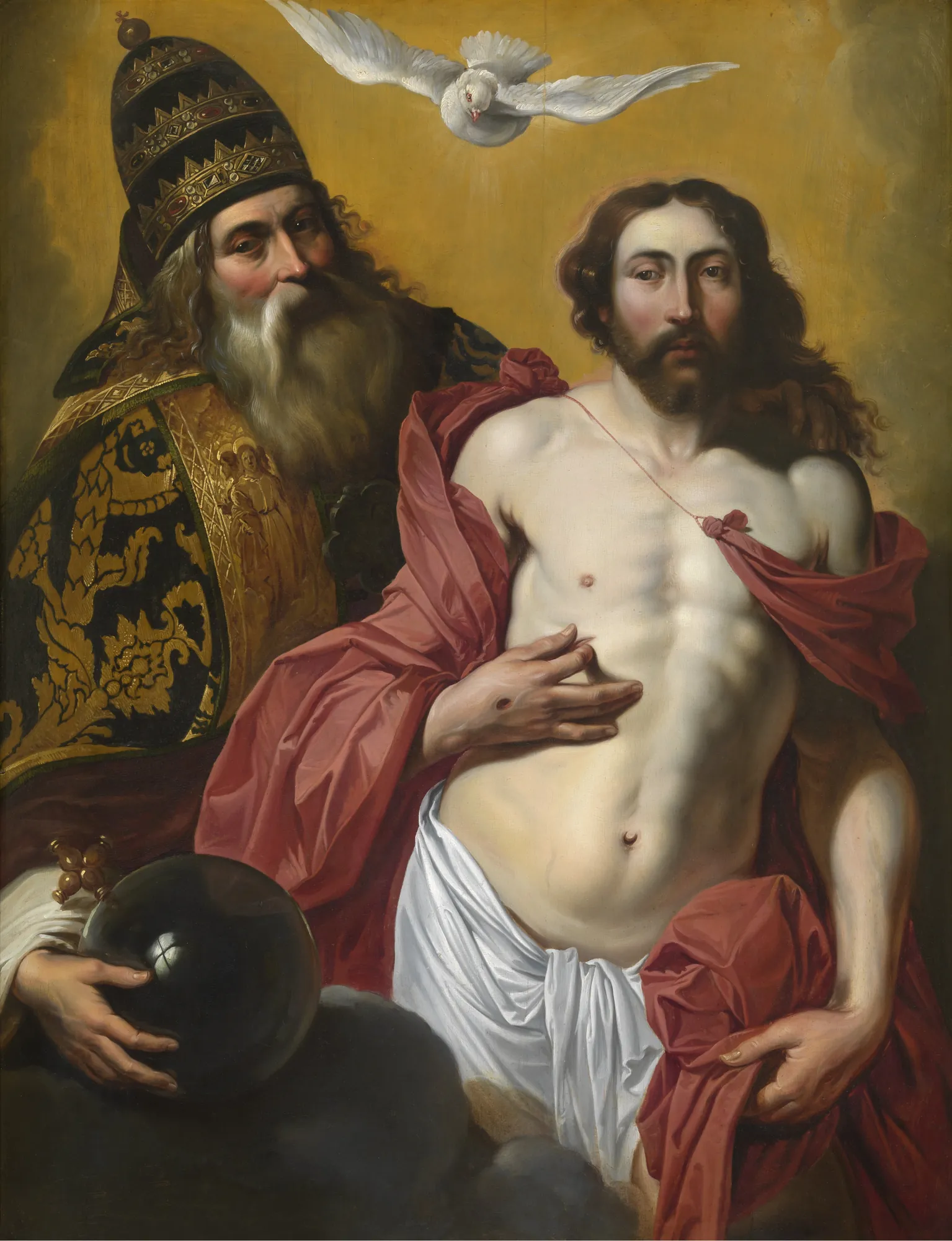 The Holy Trinity The Holy Trinity by Artus Wolffort. A monumental religious painting of the Holy Trinity, featuring God the Father in ornate robes, Jesus Christ showing his wounds, and a white dove.