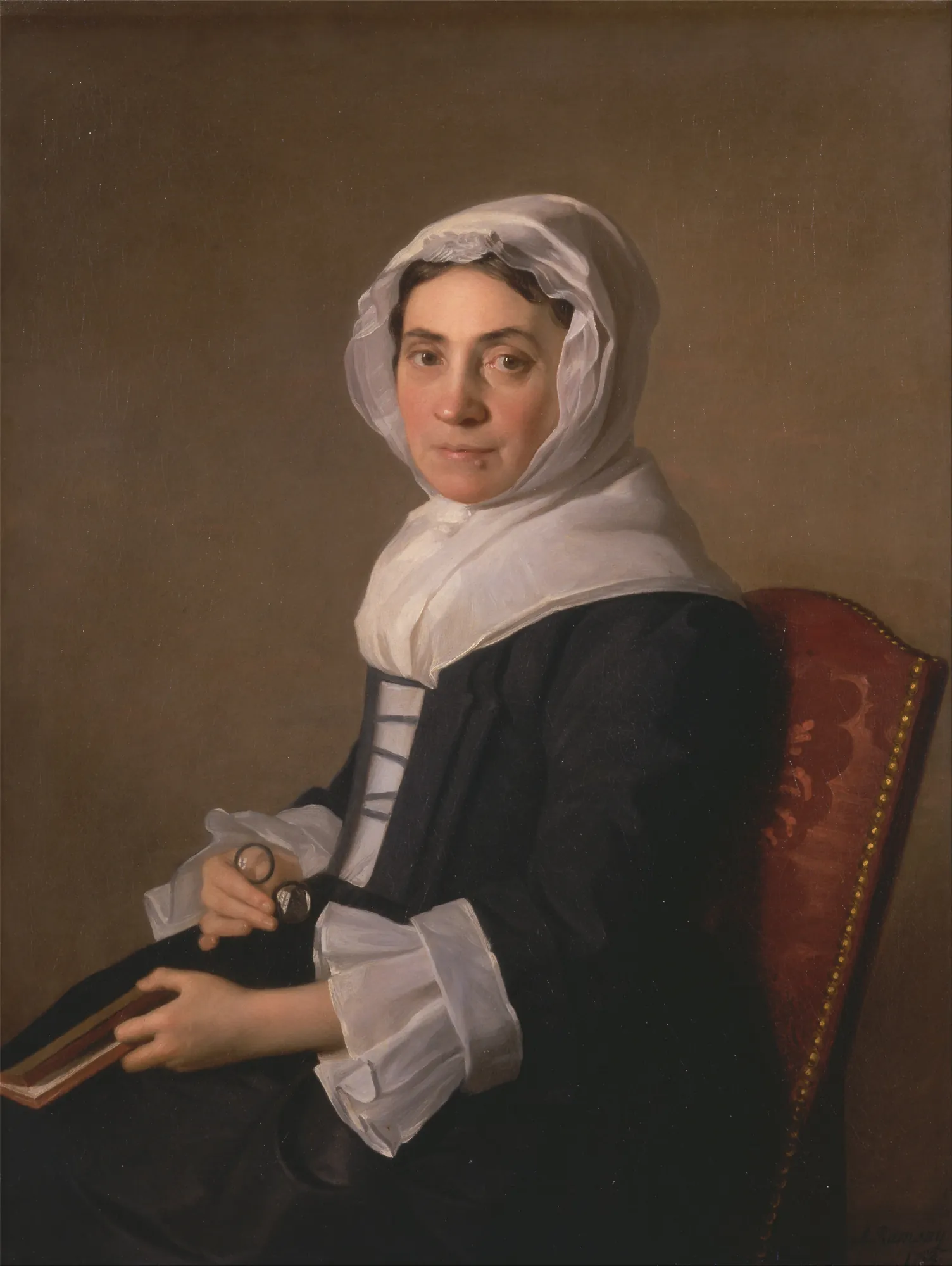 Mary Adam Mary Adam by Allan Ramsay. A seated woman in 18th-century attire wearing a translucent white hood and holding a book and spectacles.