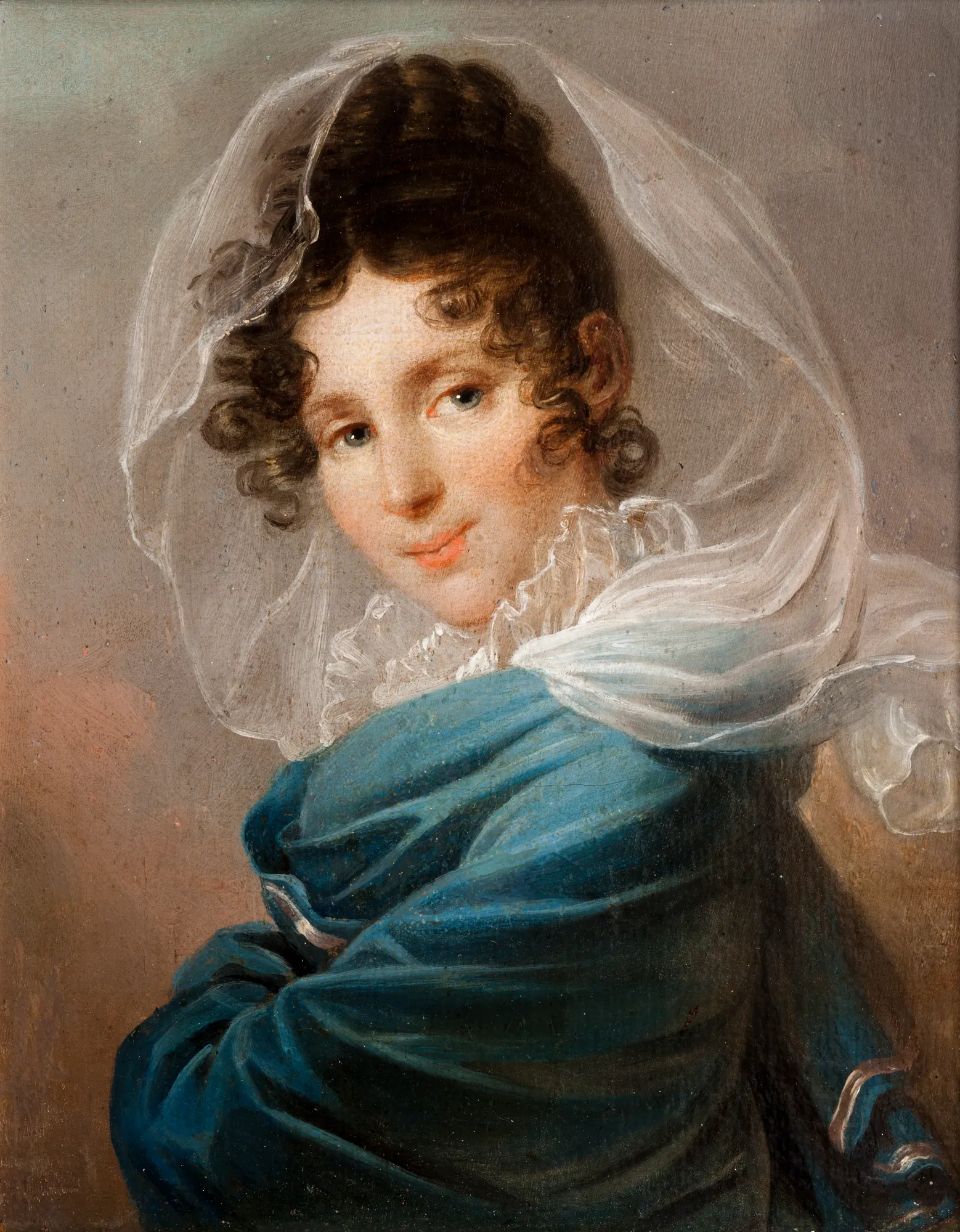 Portrait of Tekla Osławska Portrait of Tekla Osławska by Franciszek Ksawery Lampi. A portrait of a young woman with dark curly hair wearing a sheer white veil and a rich blue shawl.